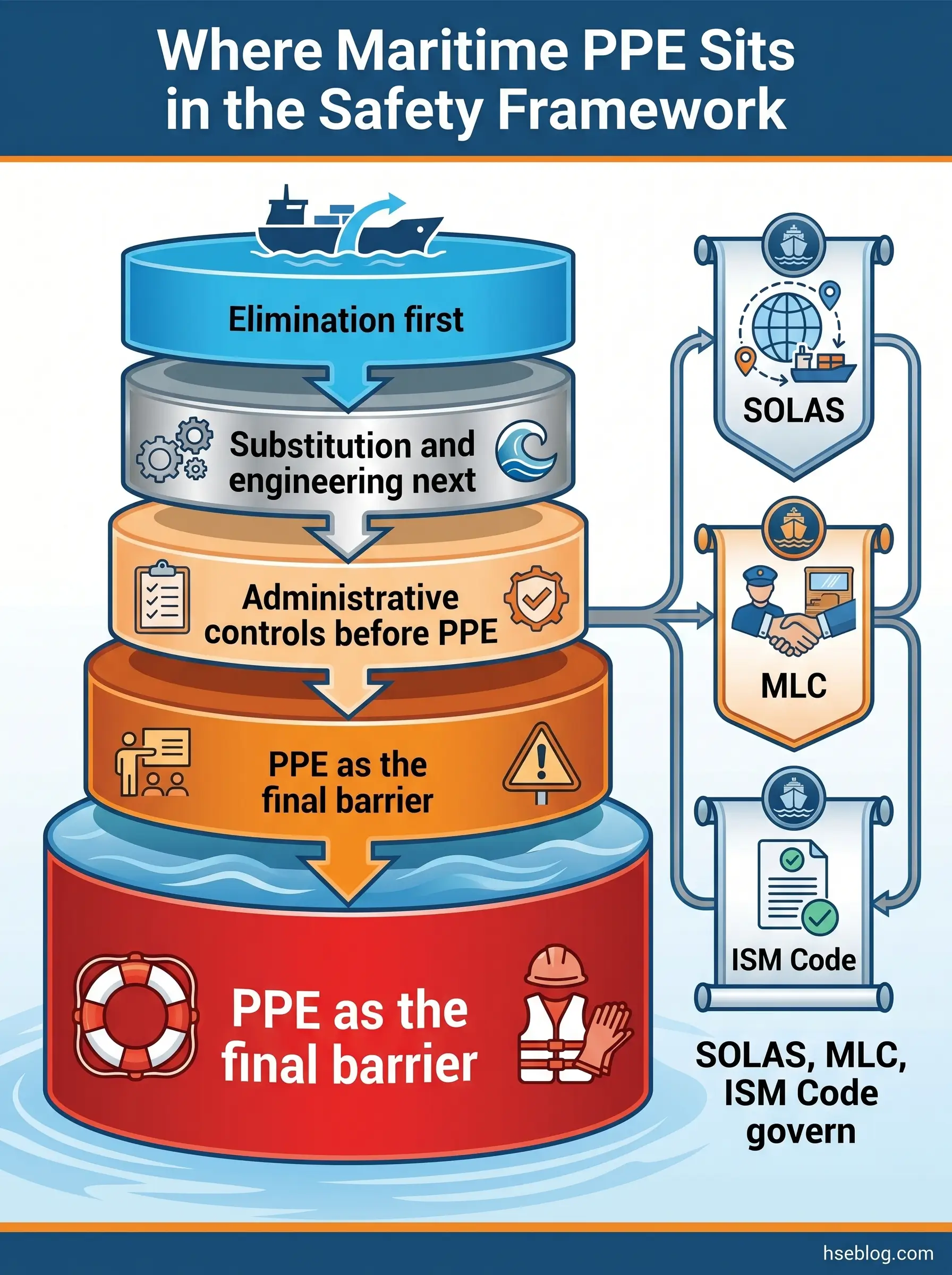 Hierarchical diagram showing maritime PPE's position in safety framework, from hazard elimination at top through substitution, administrative controls, and PPE as final barrier, with SOLAS, MLC, and ISM Code governance standards listed on right.