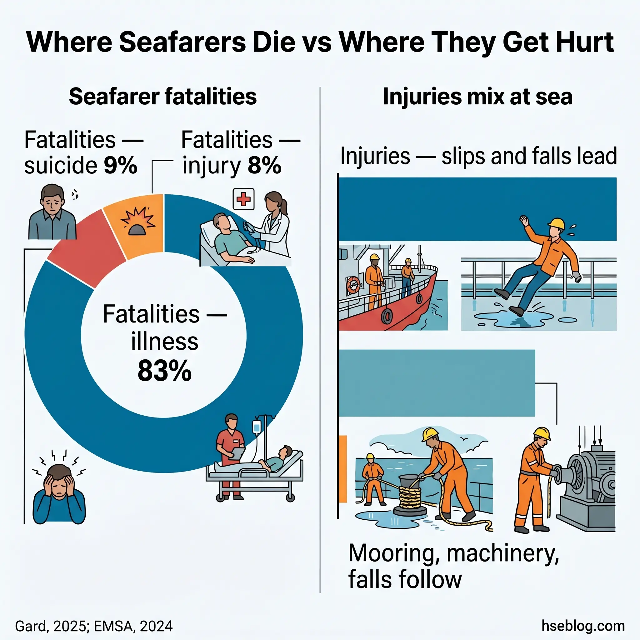 Infographic comparing seafarer fatalities and injuries, showing illness causes 83% of deaths while slips, falls, and machinery accidents are leading injury causes at sea.