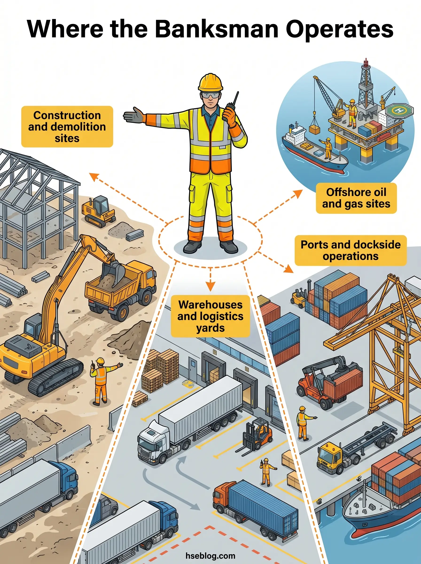 Infographic showing five work environments where banksmen operate: construction sites, offshore oil and gas platforms, ports and dockside operations, warehouses and logistics yards, with a central figure of a safety-equipped worker.