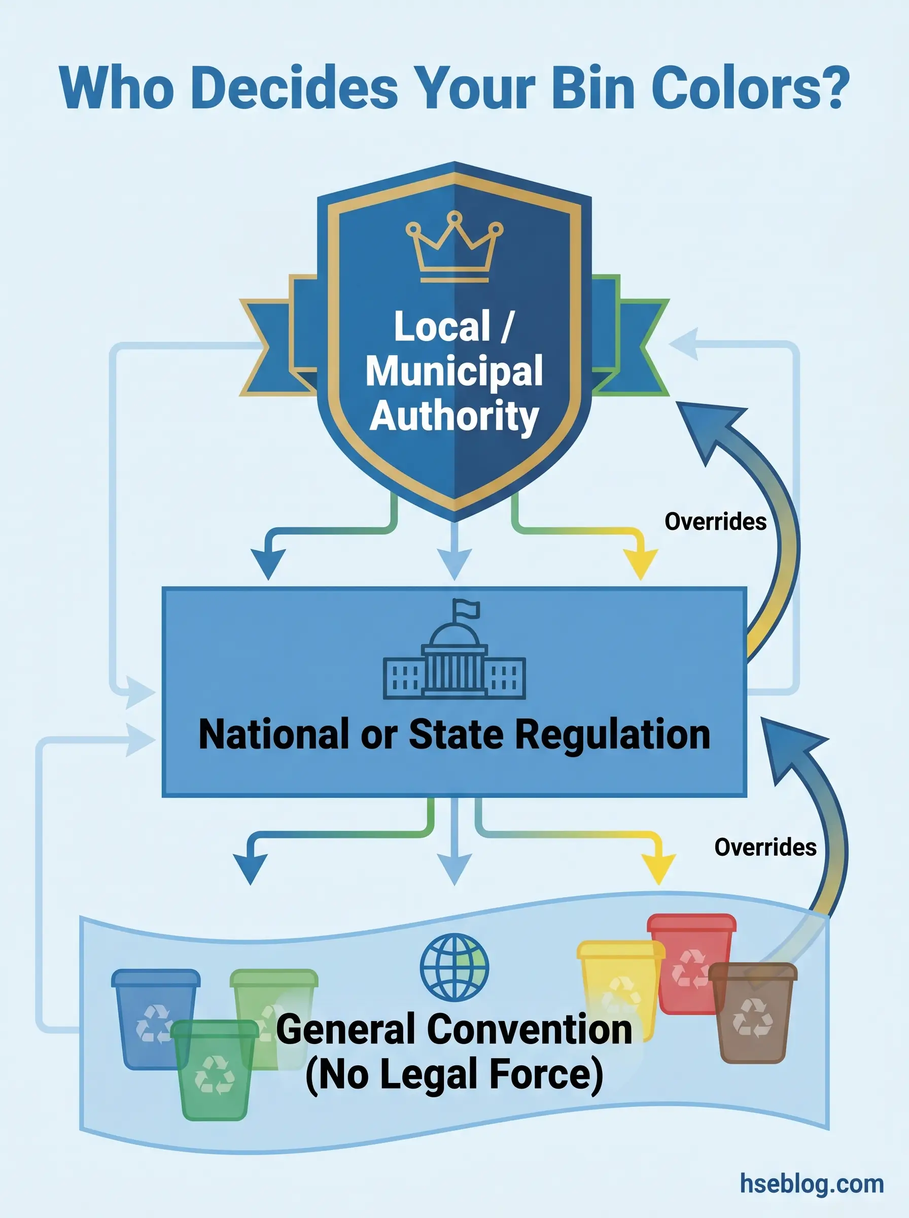 Hierarchical flowchart showing how bin colors are determined, from local municipal authority at top, through national or state regulation in middle, to general convention at bottom, with override arrows indicating authority levels.