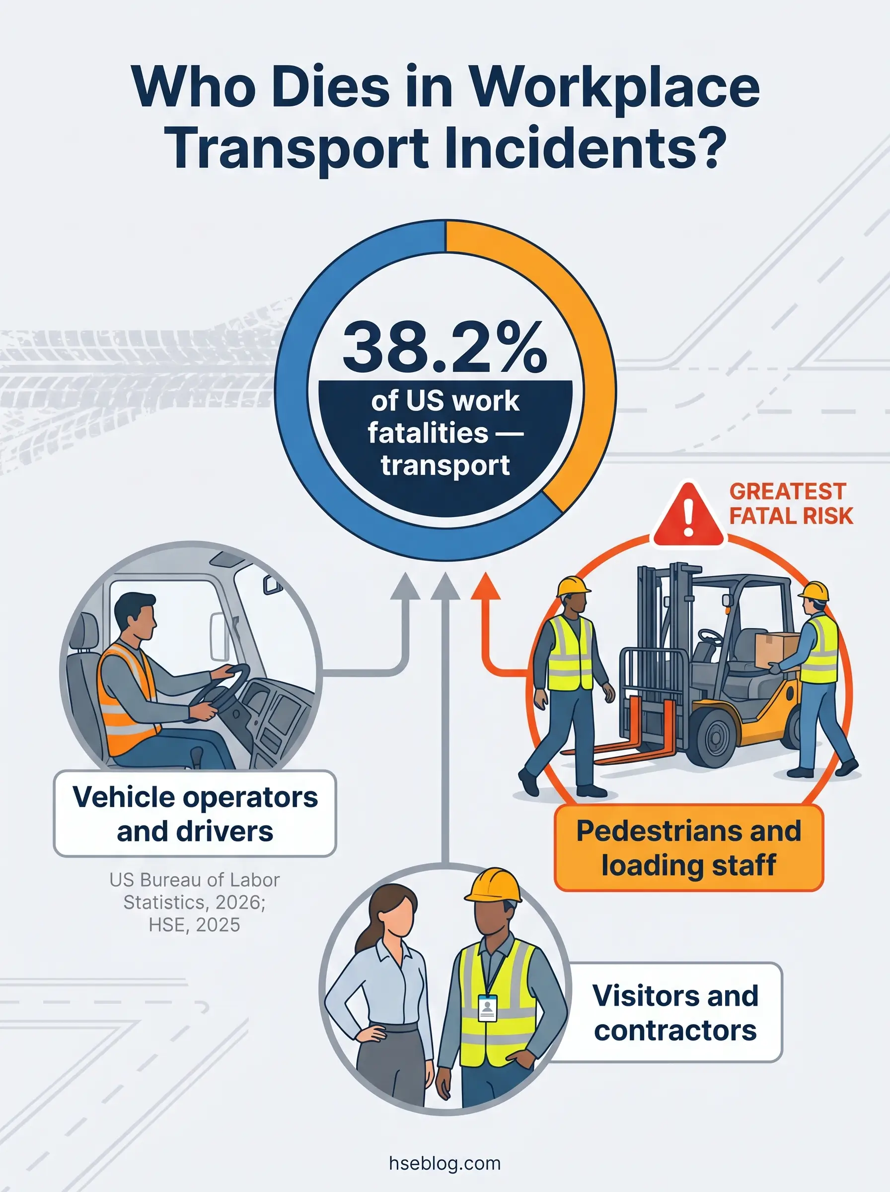 Infographic showing that 38.2% of US work fatalities involve transport incidents, identifying three high-risk groups: vehicle operators and drivers, pedestrians and loading staff with greatest fatal risk, and visitors and contractors.