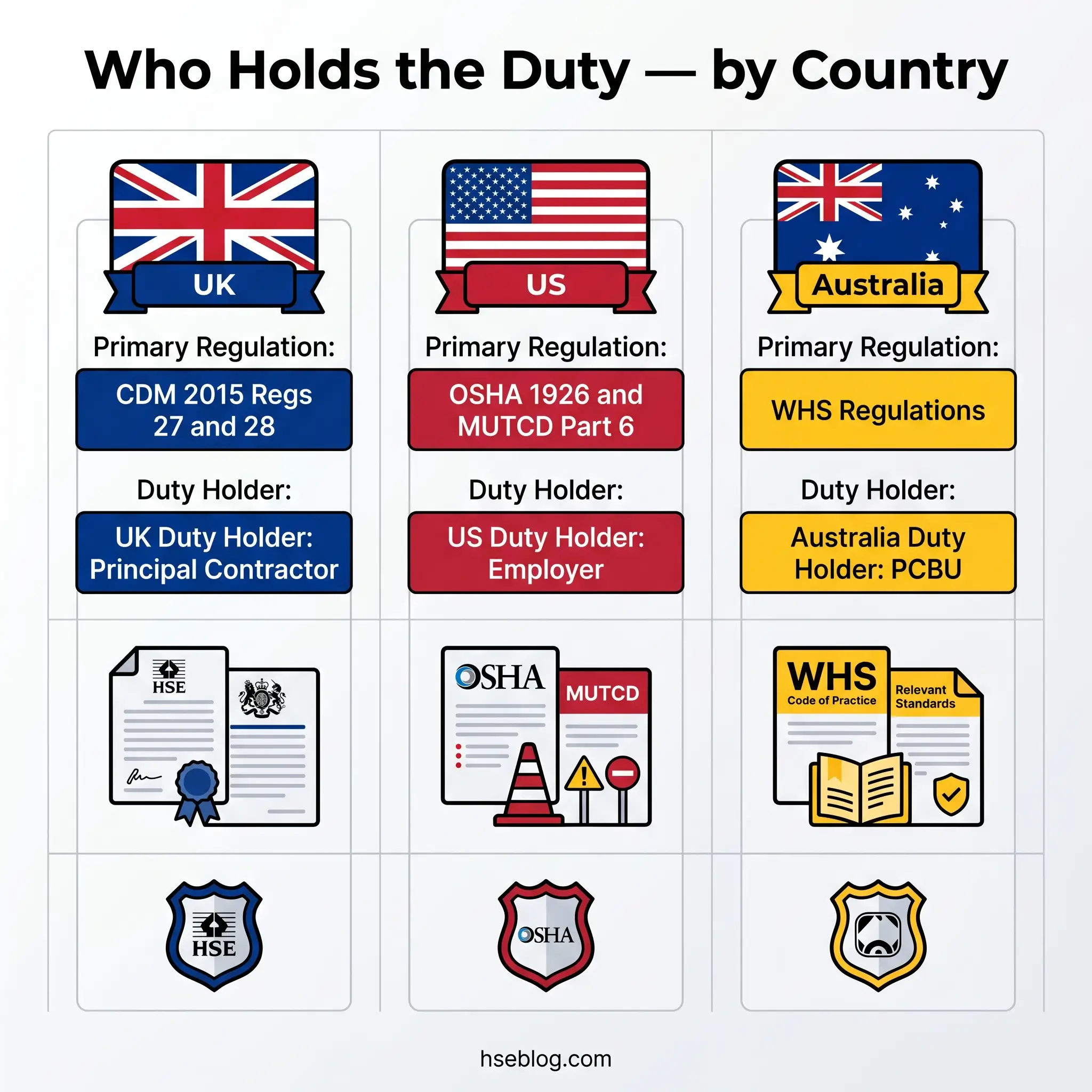 Comparison chart showing occupational health and safety duty holders by country: UK Principal Contractor under CDM 2015, US Employer under OSHA 1926, and Australia PCBU under WHS Regulations.