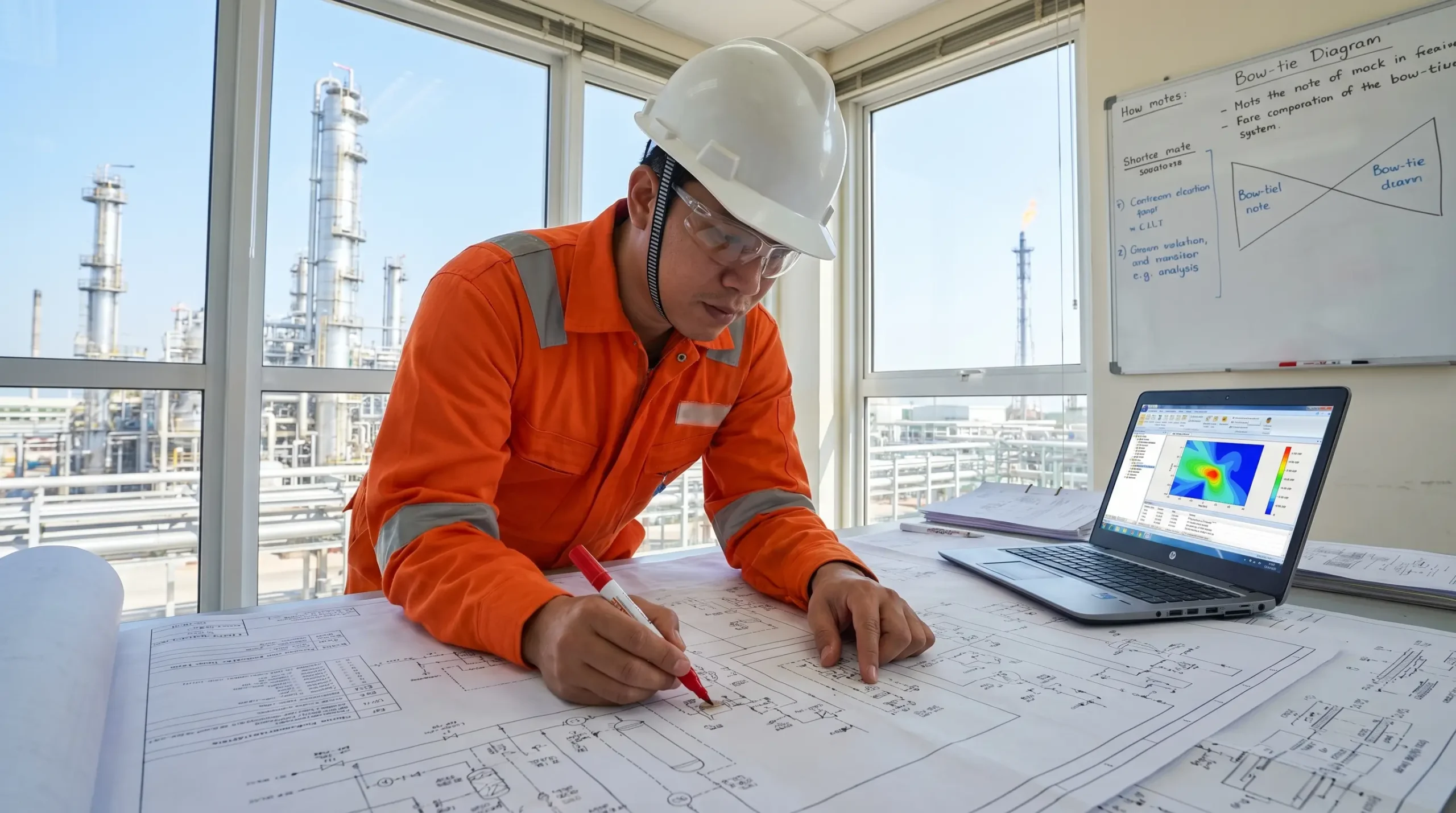 Engineer in safety gear reviewing technical blueprints at a desk with laptop showing thermal analysis, industrial refinery visible through windows behind him.