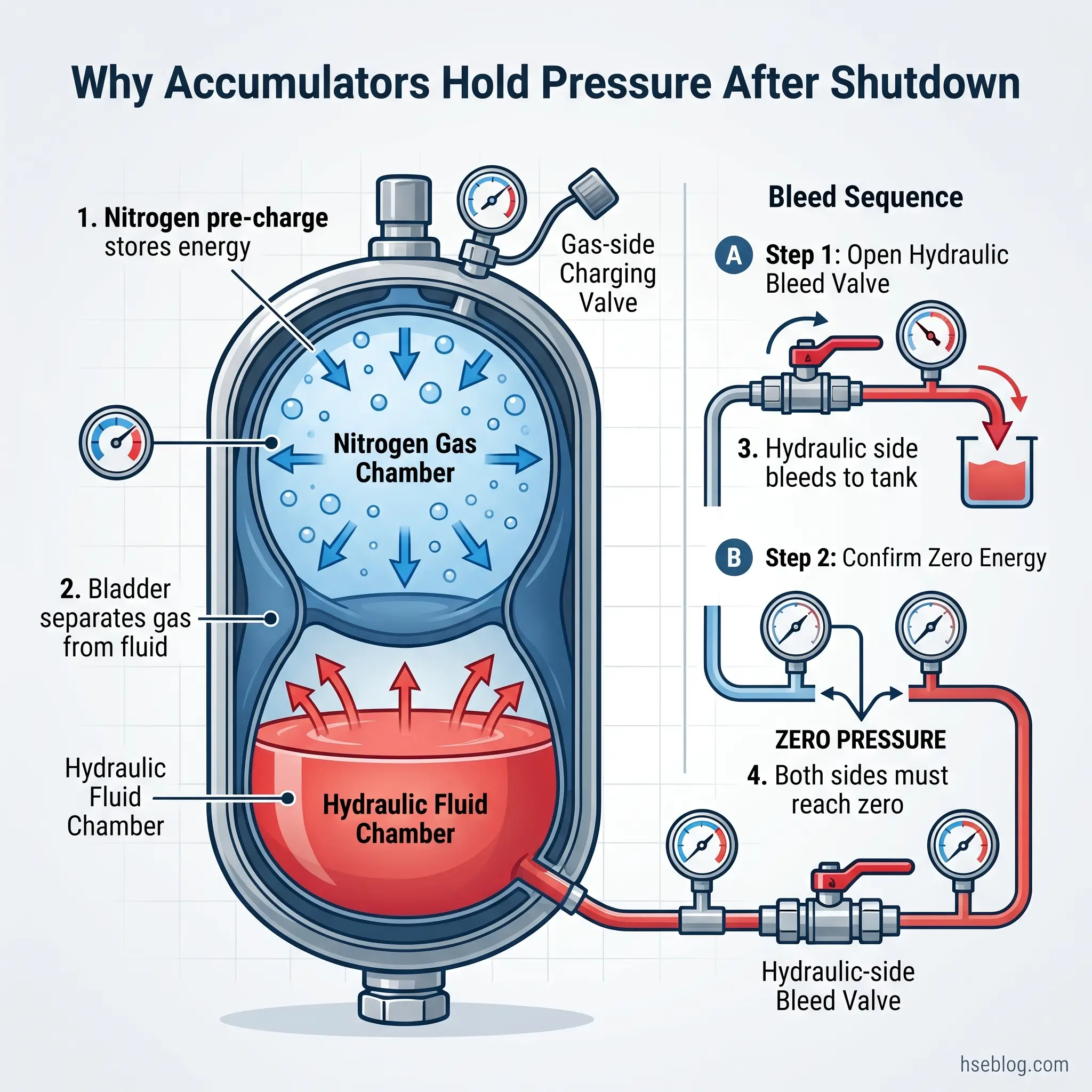 Diagram showing how hydraulic accumulators maintain pressure after shutdown through nitrogen gas pre-charge and bladder separation, with a detailed bleed sequence for safe pressure release.