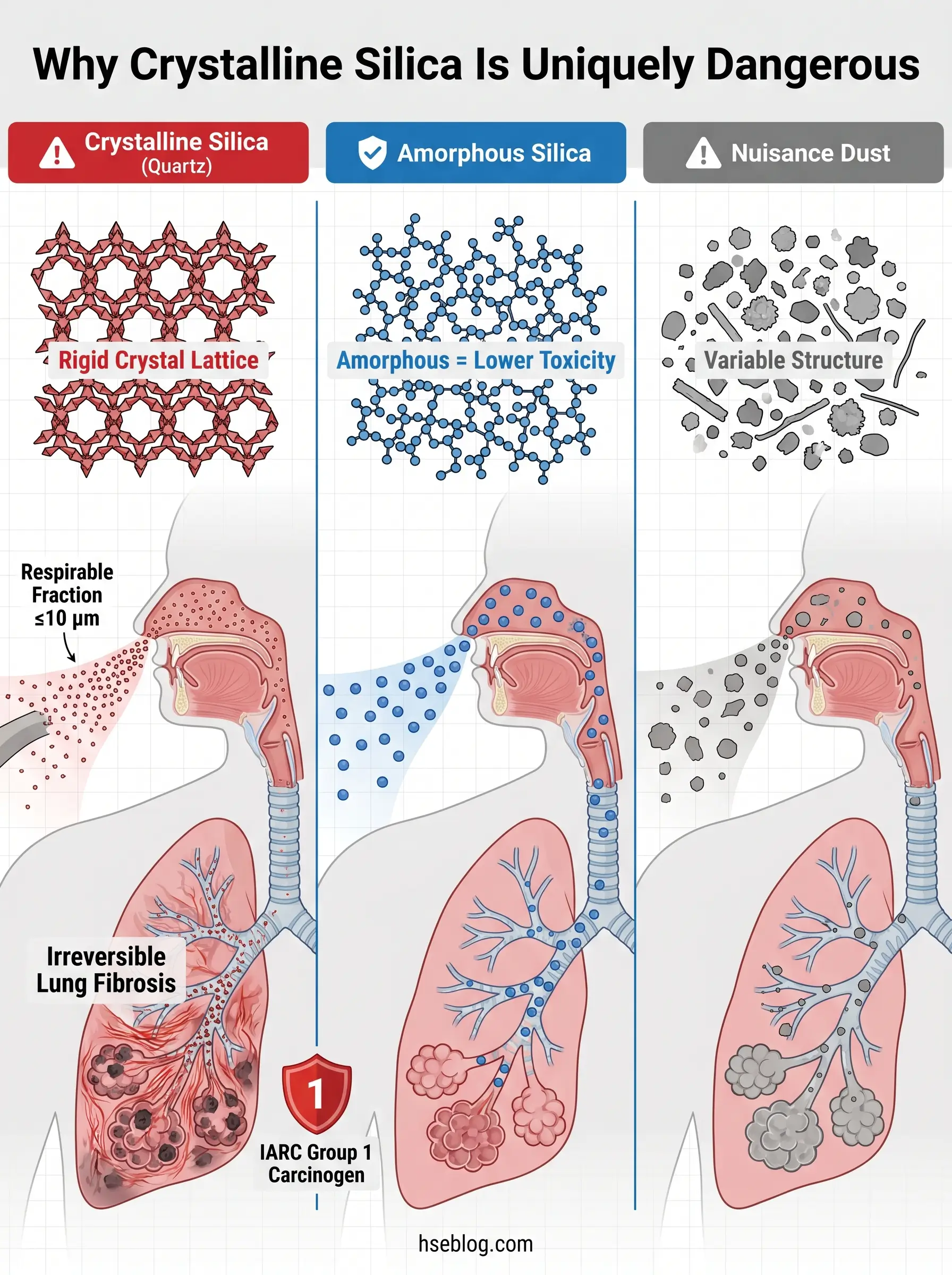 Infographic comparing three types of silica dust showing molecular structures, respiratory pathways, and lung damage, highlighting why crystalline silica is classified as a Group 1 carcinogen.