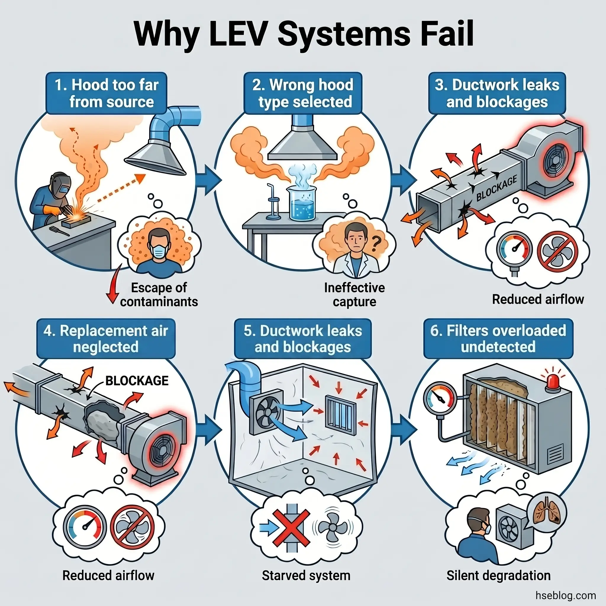 Infographic showing six common reasons why LEV (Local Exhaust Ventilation) systems fail, including improper hood placement, incorrect hood type selection, ductwork issues, neglected replacement air, blockages, and undetected filter overload.