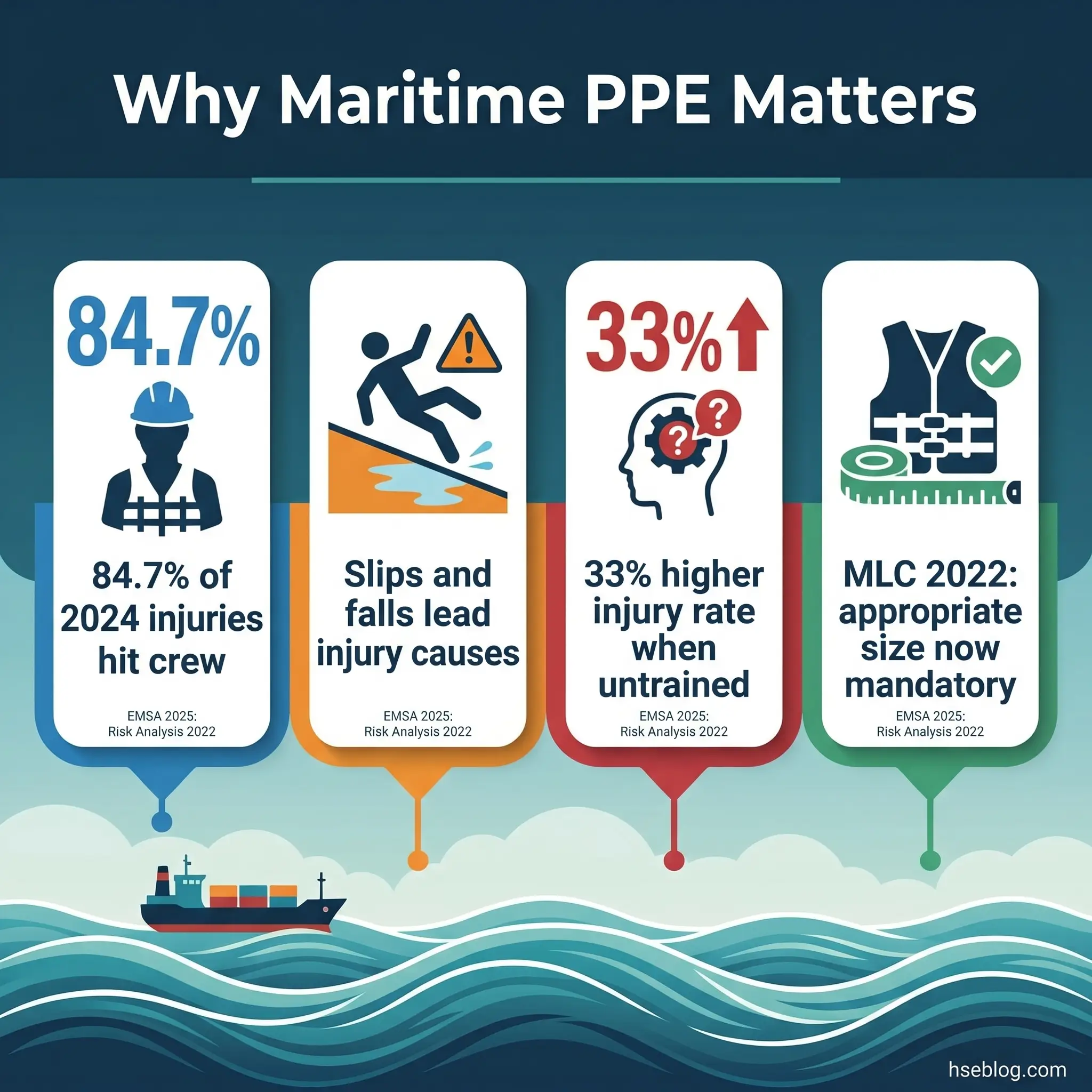 Infographic showing four key statistics on maritime worker safety and PPE importance, including injury rates, slip and fall causes, training impact, and MLC 2022 regulations, with ship illustration at bottom.