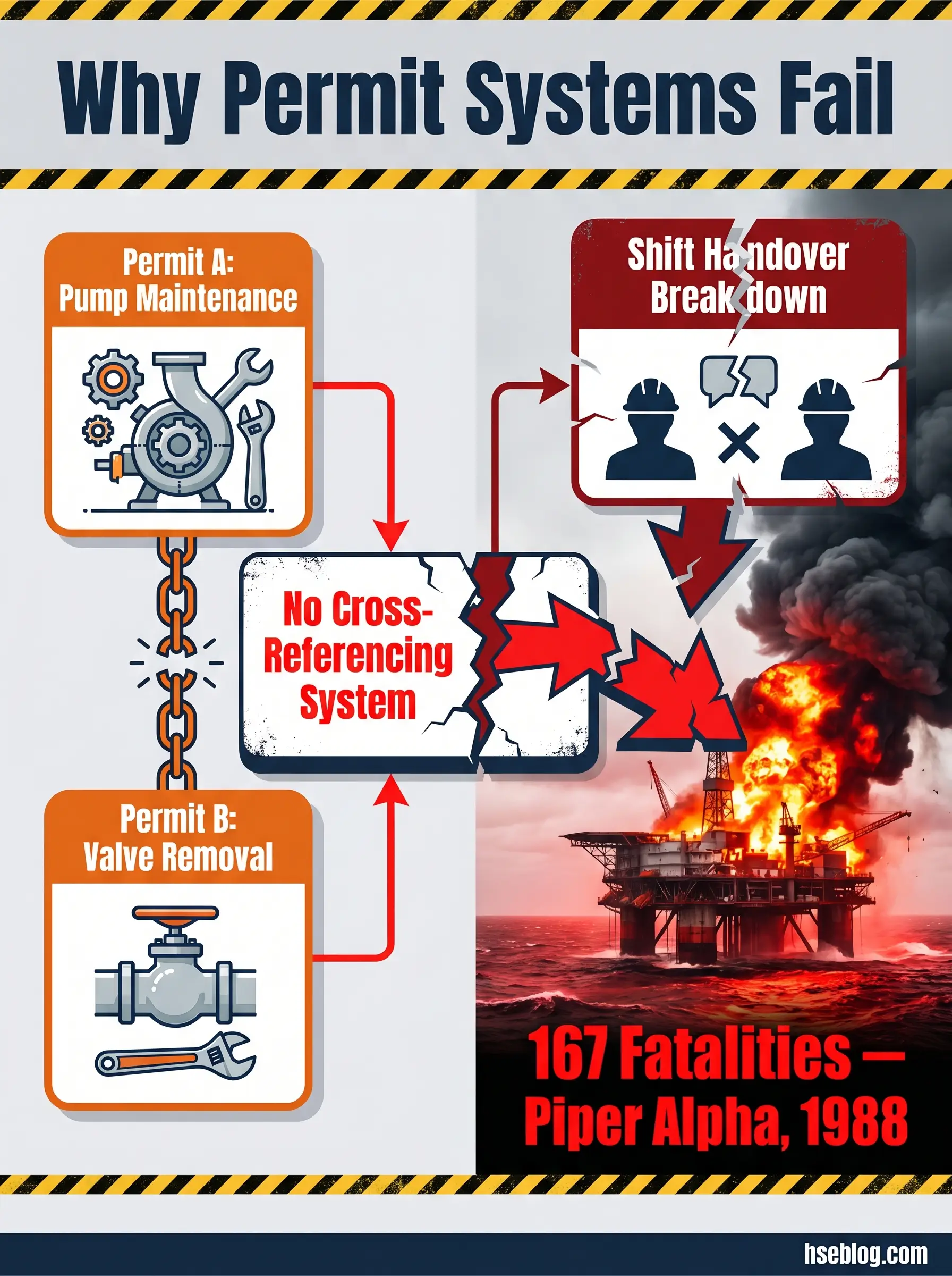 Infographic showing how permit system failures led to the Piper Alpha disaster, illustrating the chain of events from pump maintenance and valve removal permits lacking cross-referencing communication between shifts.