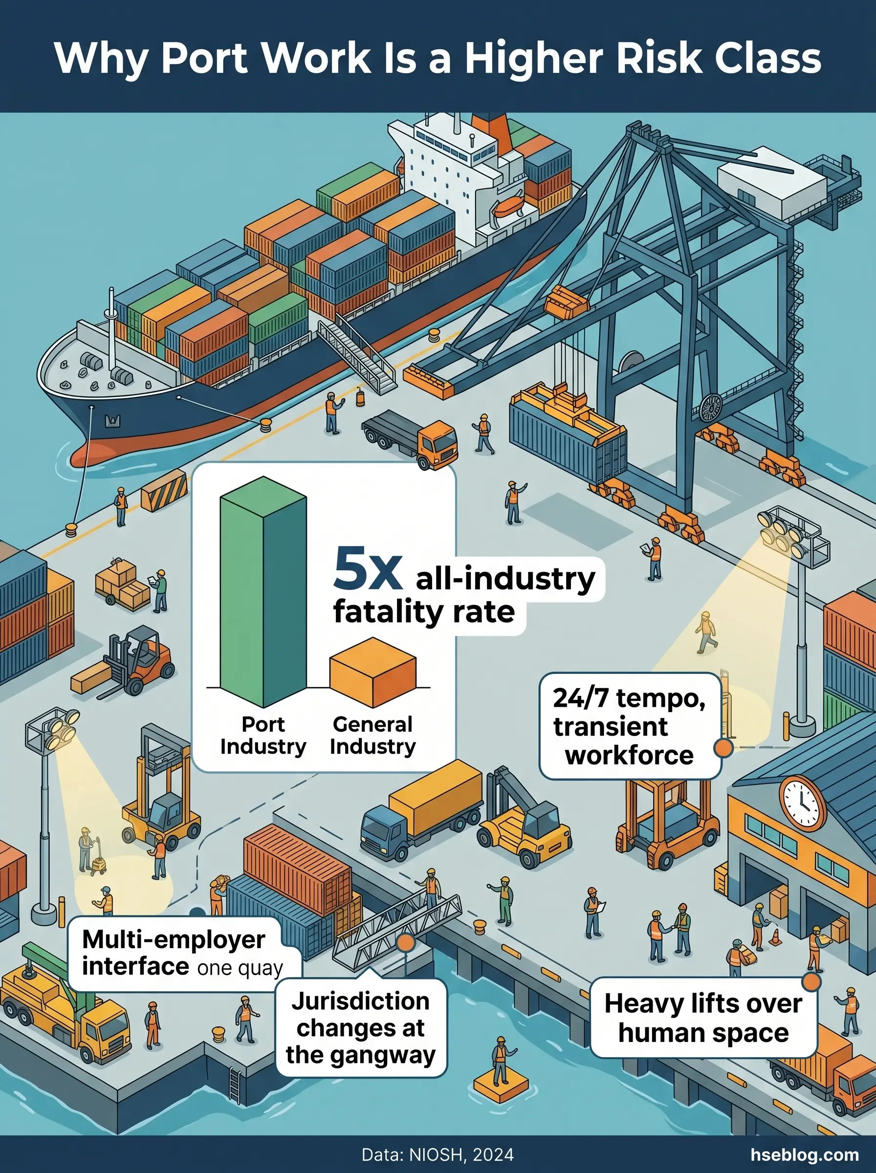 Isometric illustration of a busy shipping port showing cargo ships, containers, and workers, with statistics explaining why port work is classified as higher risk, including a 5x fatality rate compared to general industry.
