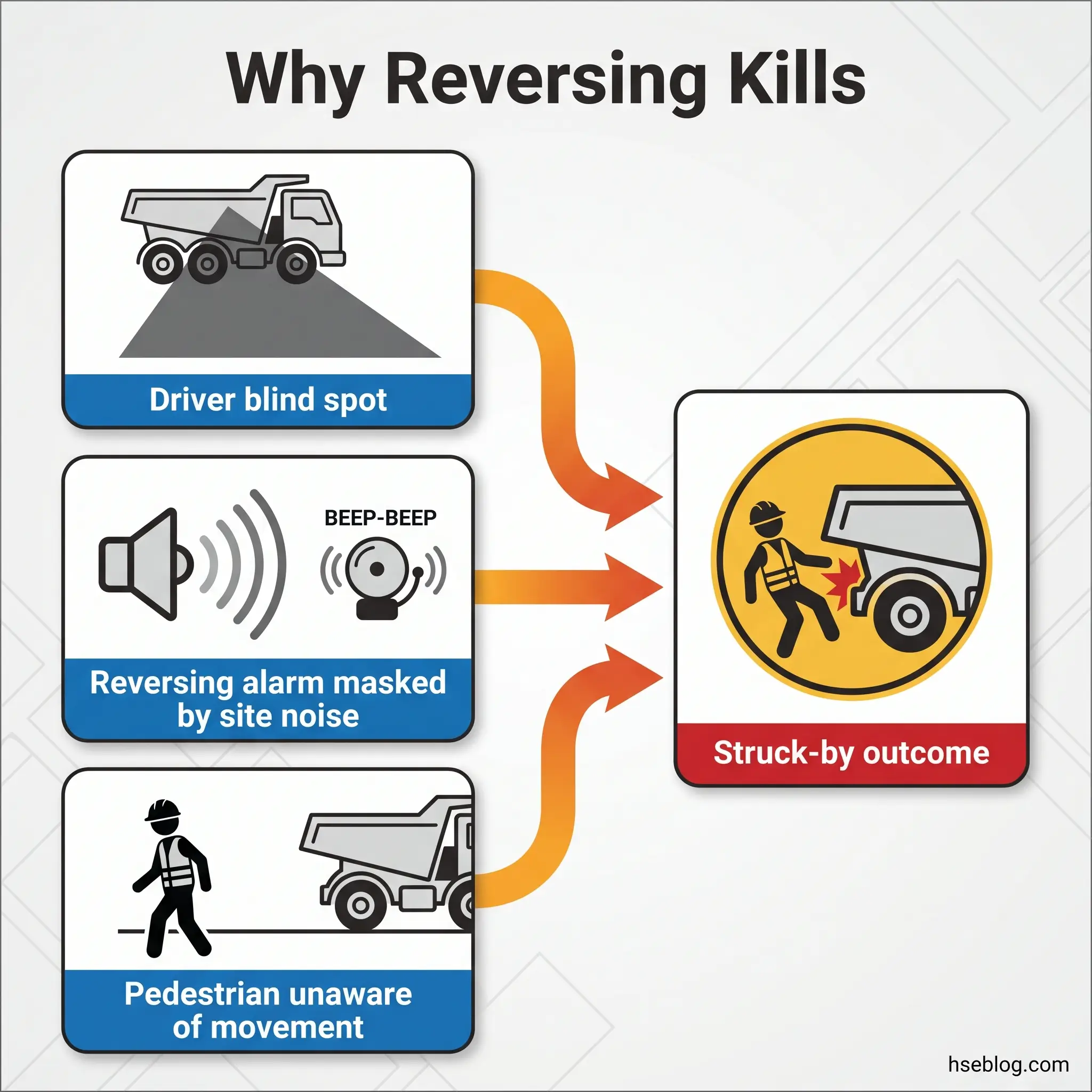 Infographic showing three hazards of reversing trucks: driver blind spots, masked reversing alarms, and unaware pedestrians, all leading to struck-by accidents on construction sites.