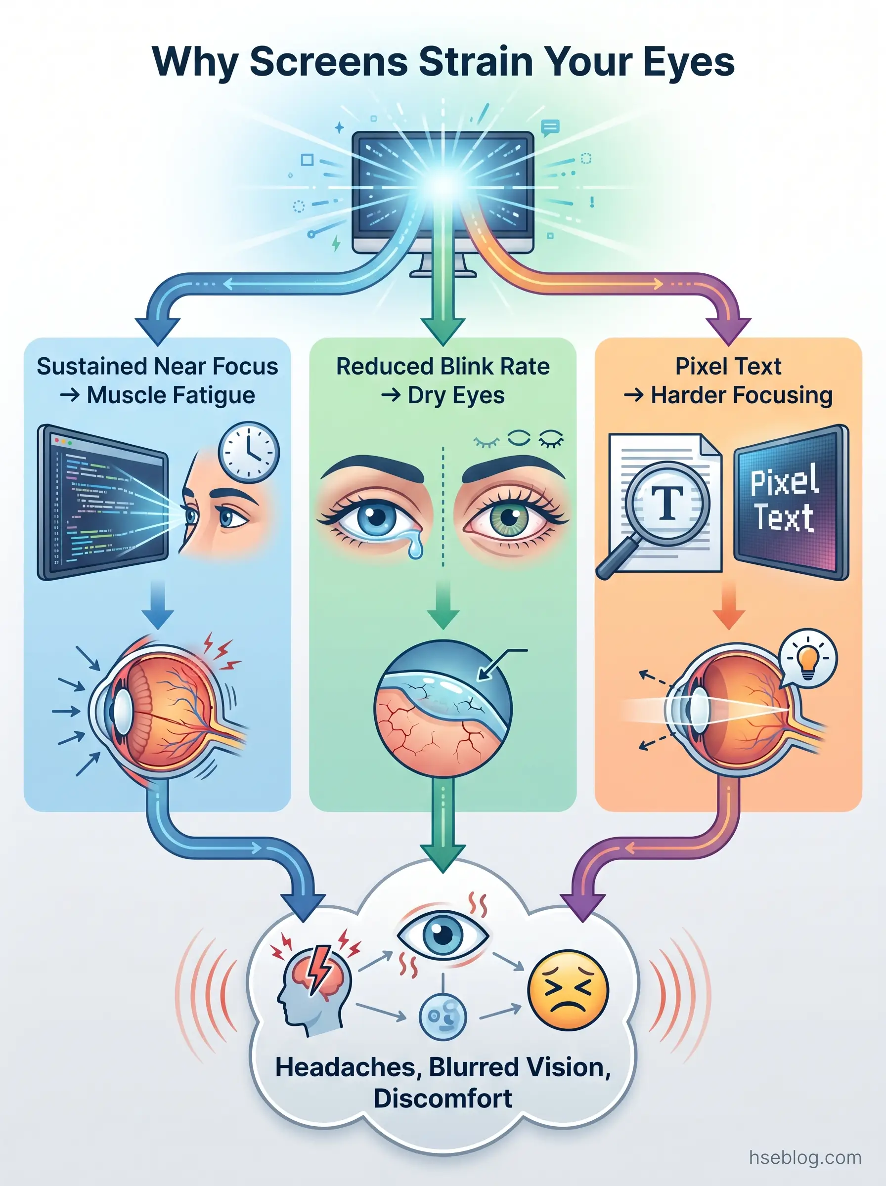 Infographic showing three ways screens strain eyes: sustained near focus causing muscle fatigue, reduced blink rate causing dry eyes, and pixel text requiring harder focusing, all leading to headaches, blurred vision, and discomfort.