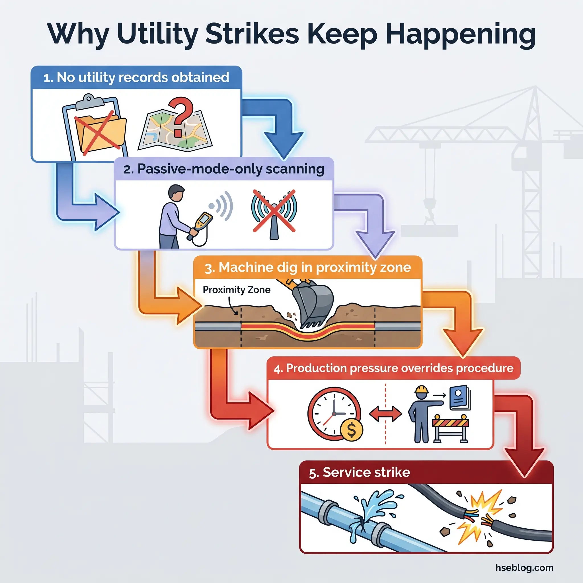 Flowchart showing five sequential steps explaining why utility strikes occur: missing records, passive scanning, proximity zone digging, production pressure overrides, and resulting service strikes.