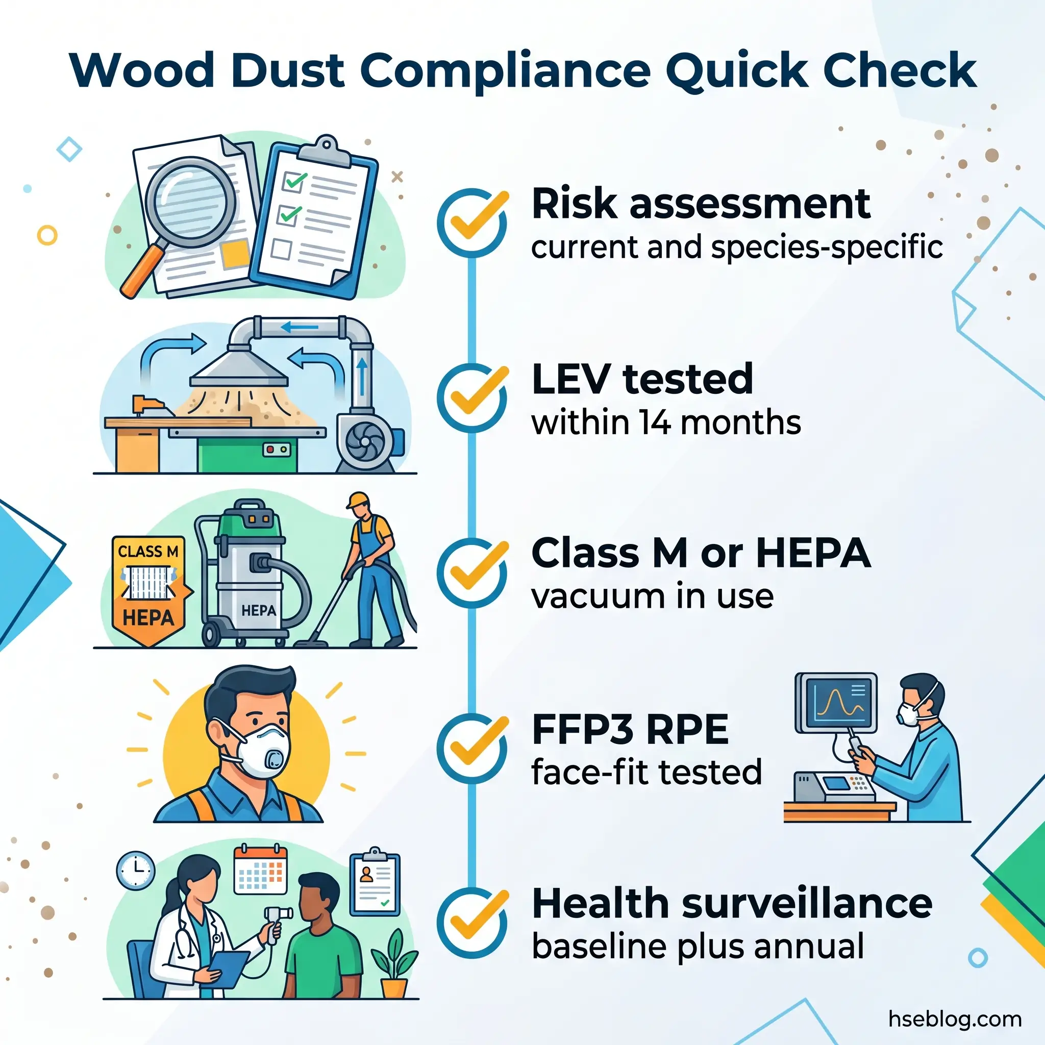 Infographic showing five key wood dust compliance checkpoints: risk assessment, LEV testing within 14 months, Class M or HEPA vacuum use, FFP3 respirator fit testing, and health surveillance with baseline and annual monitoring.
