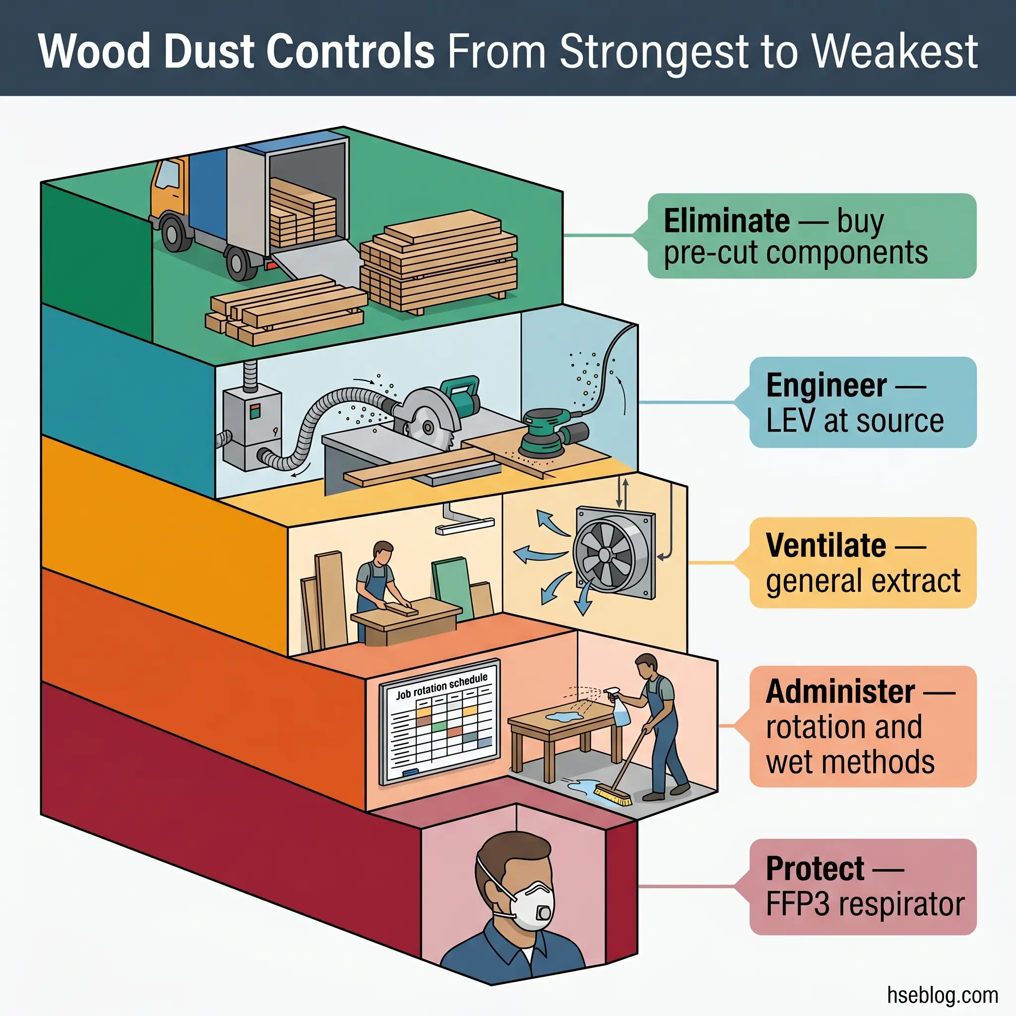 Hierarchical diagram showing five wood dust control methods ranked from strongest to weakest: eliminating pre-cut components, engineering controls at source, general ventilation, job rotation and wet methods, and FFP3 respirators.
