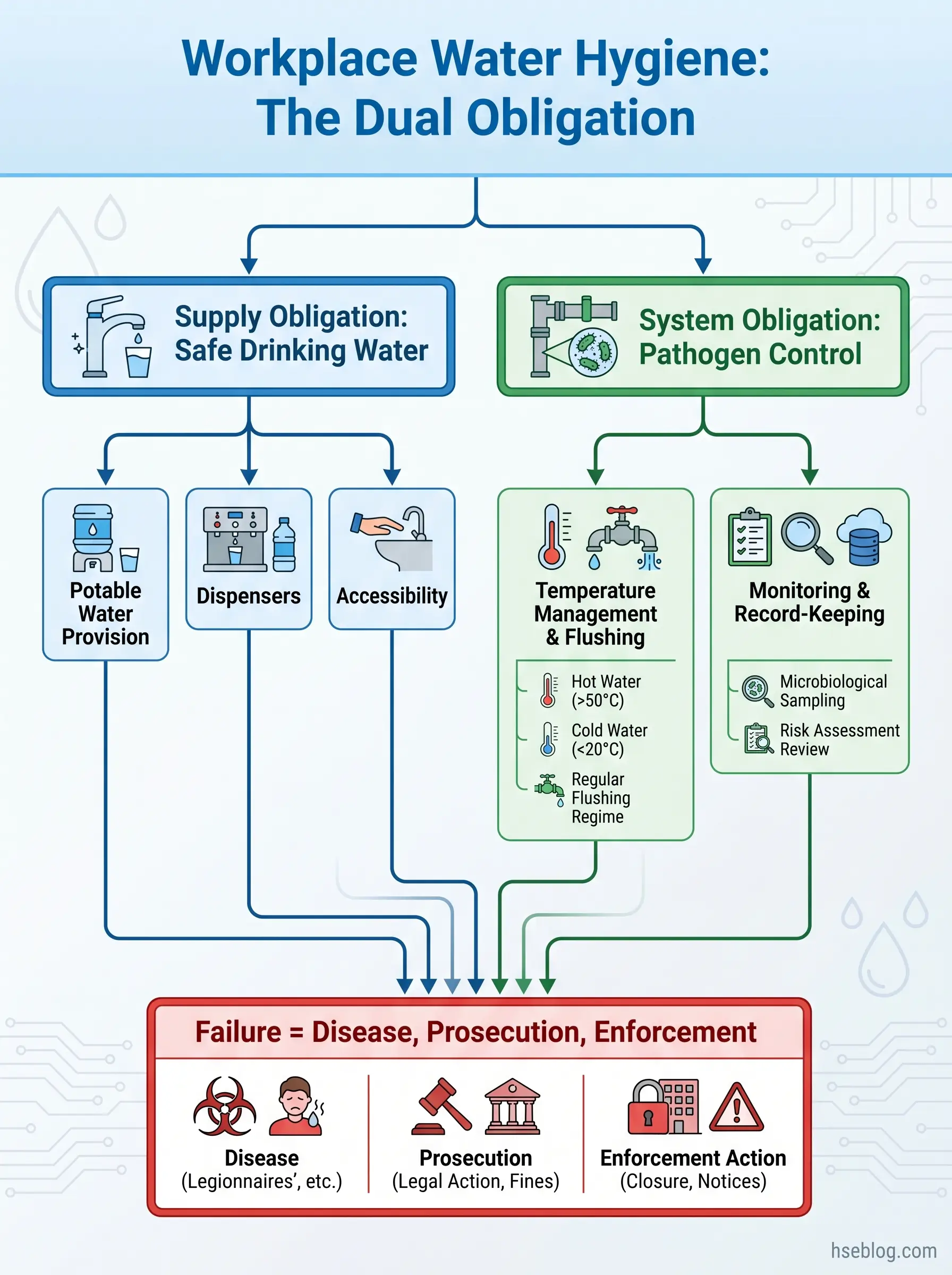 Infographic showing workplace water hygiene dual obligations: supply obligation for safe drinking water through potable provision, dispensers, and accessibility, and system obligation for pathogen control through temperature management, flushing, monitoring, and record-keeping, with consequences for failure including disease, prosecution, and enforcement action.