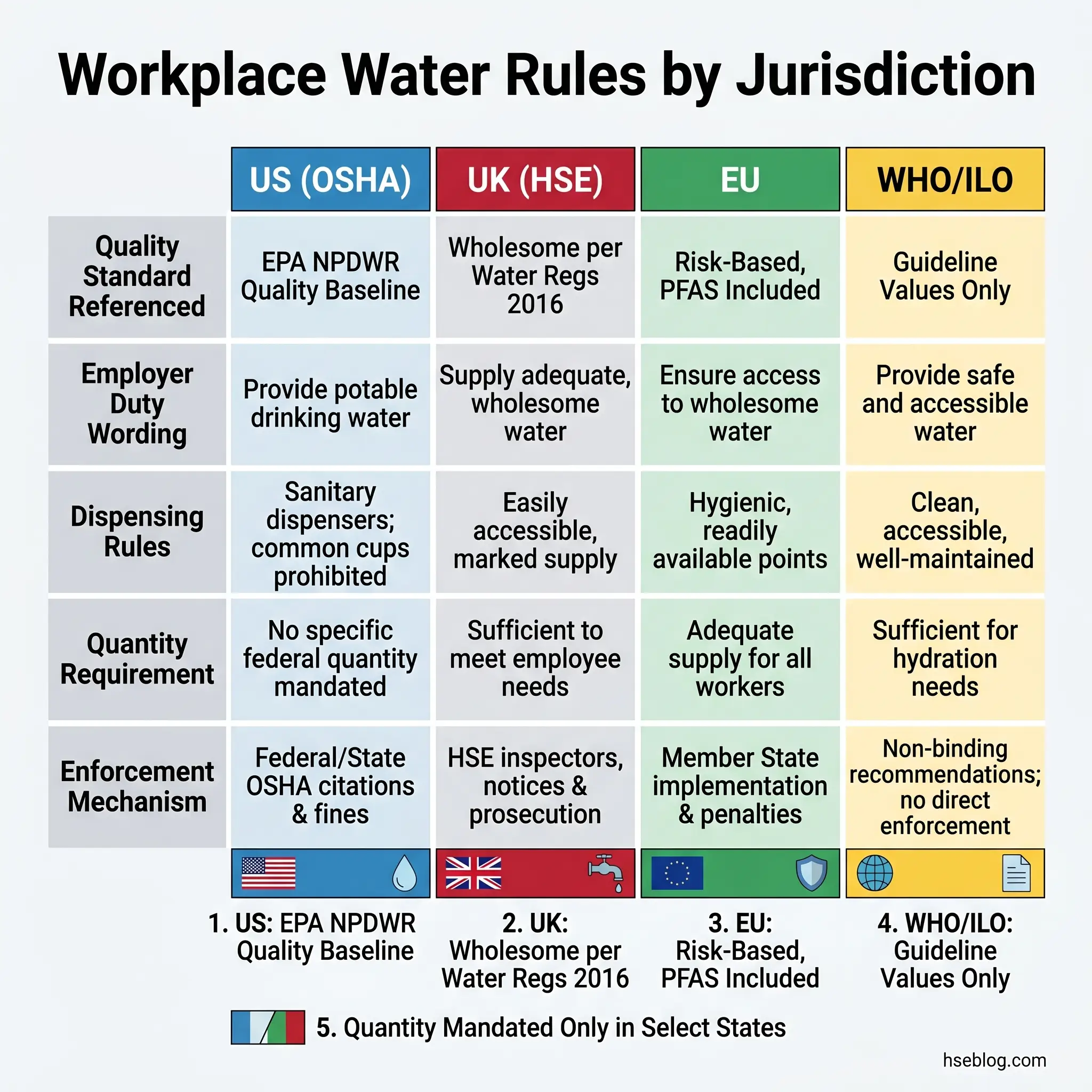 Comparison table of workplace water safety rules across four jurisdictions: US OSHA, UK HSE, EU, and WHO/ILO, covering quality standards, employer duties, dispensing rules, quantity requirements, and enforcement mechanisms.