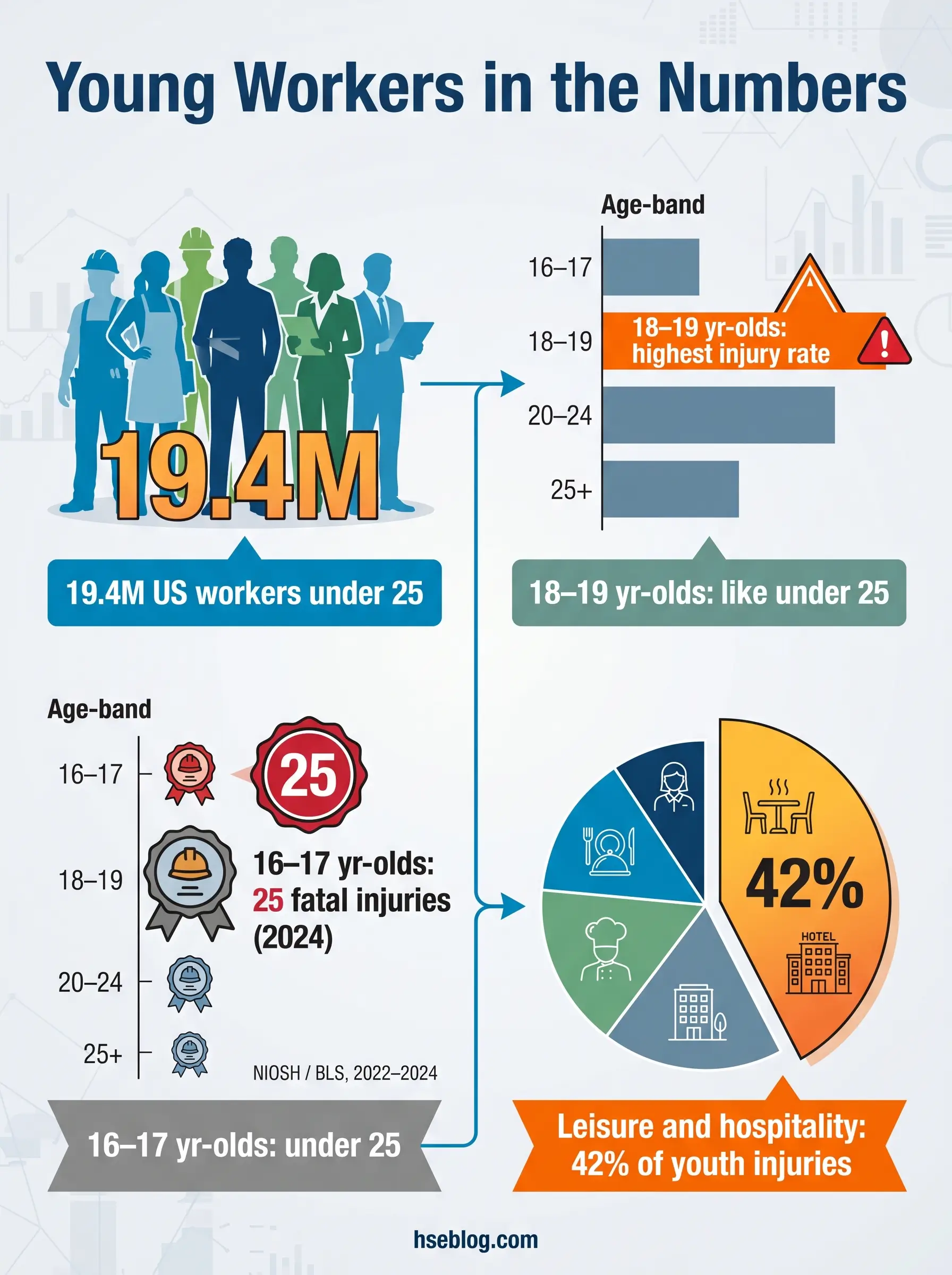 Infographic showing statistics on young workers in the US, including 19.4 million workers under 25, injury rates by age group, 25 fatal injuries for 16-17 year olds in 2024, and 42% of youth injuries occurring in leisure and hospitality sectors.