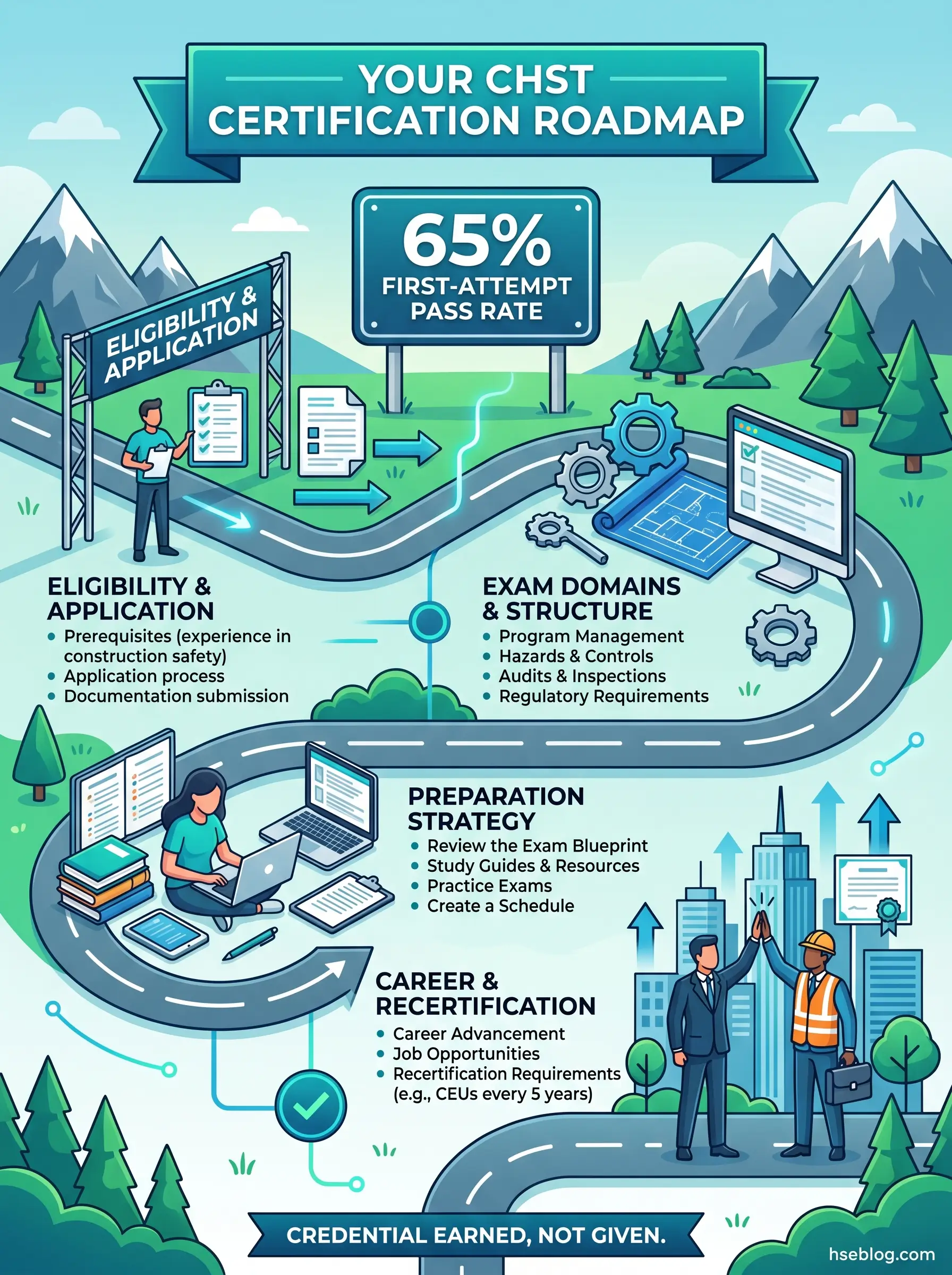 Illustrated roadmap showing the four stages of CHST certification: eligibility and application, exam domains and structure, preparation strategy, and career advancement with a 65% first-attempt pass rate highlighted.
