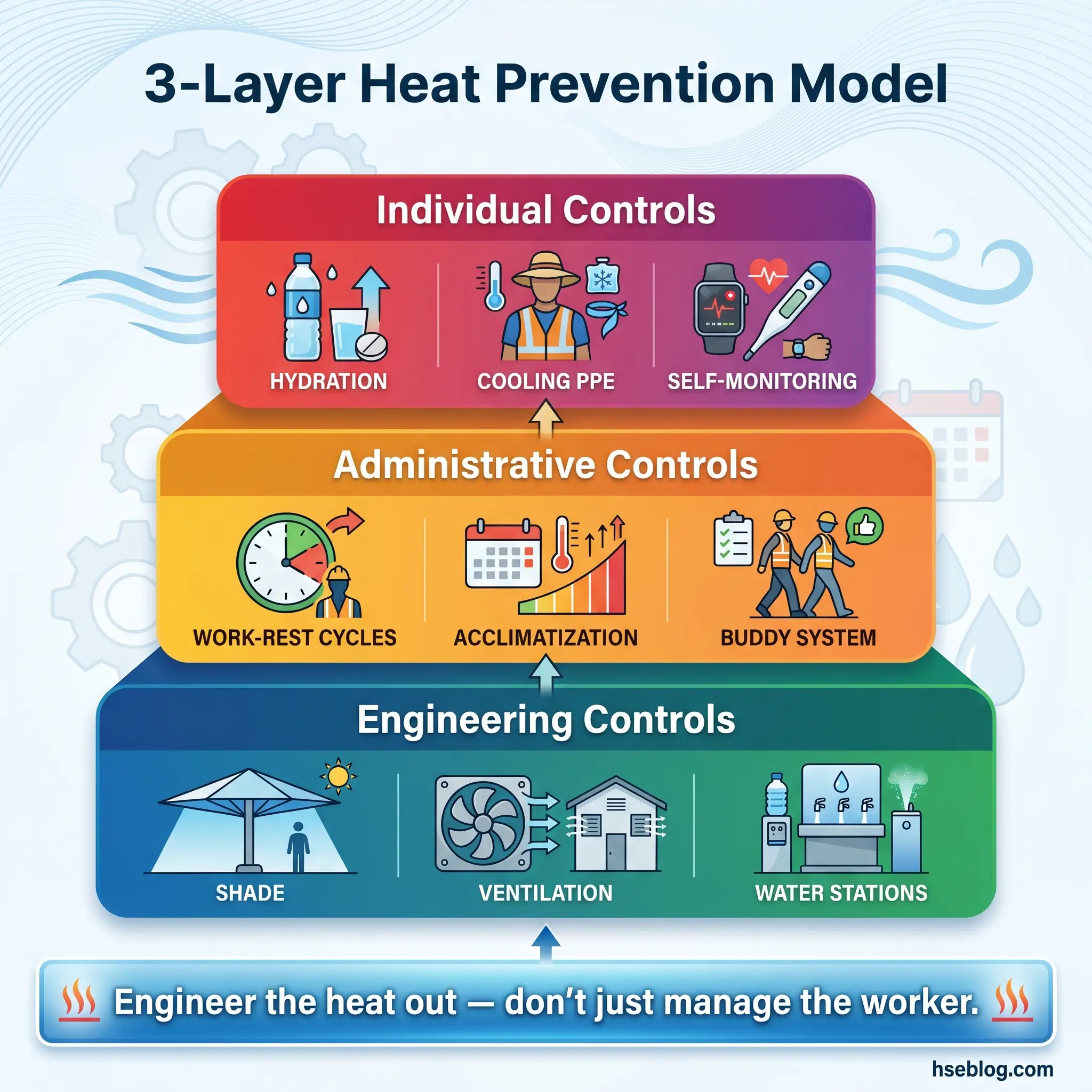 Hierarchical diagram of a three-layer heat prevention model for workplace safety, showing engineering controls at the base, administrative controls in the middle, and individual controls at the top.