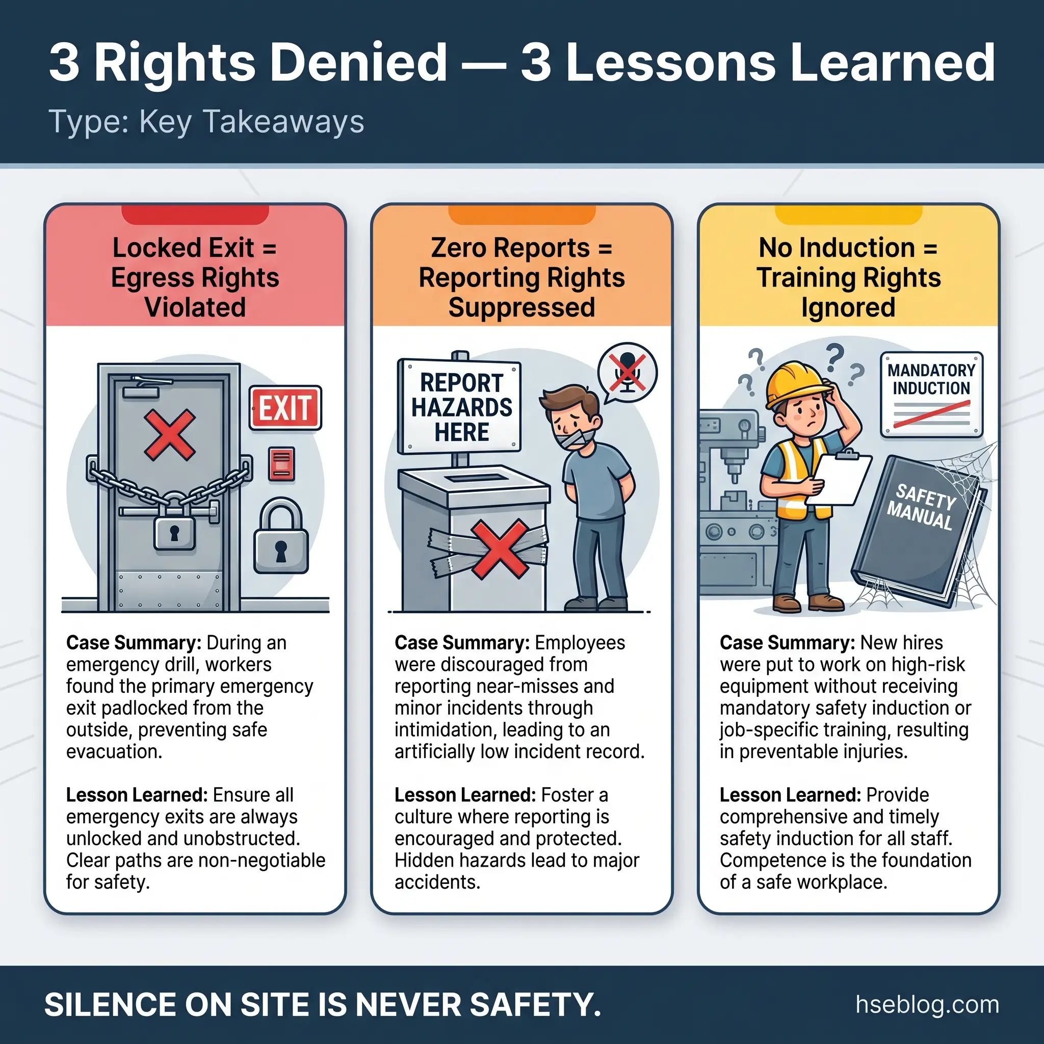 Three workplace safety violations illustrated: blocked emergency exits violating egress rights, suppressed hazard reporting, and absent safety induction training, with lessons on unlocking exits, encouraging incident reports, and providing comprehensive staff training.