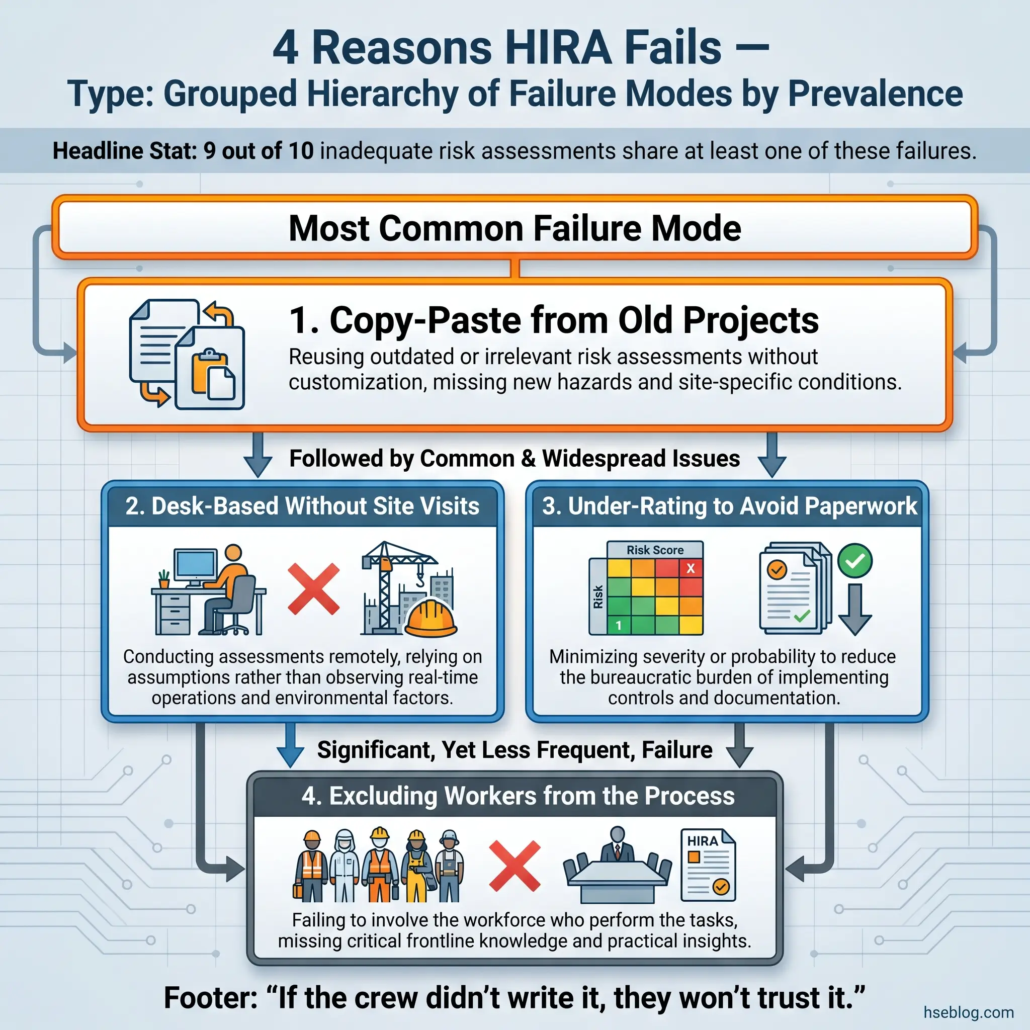 Hierarchical chart showing four main reasons why HIRA risk assessments fail, ranked by prevalence from copy-pasting old projects to excluding workers from the assessment process.