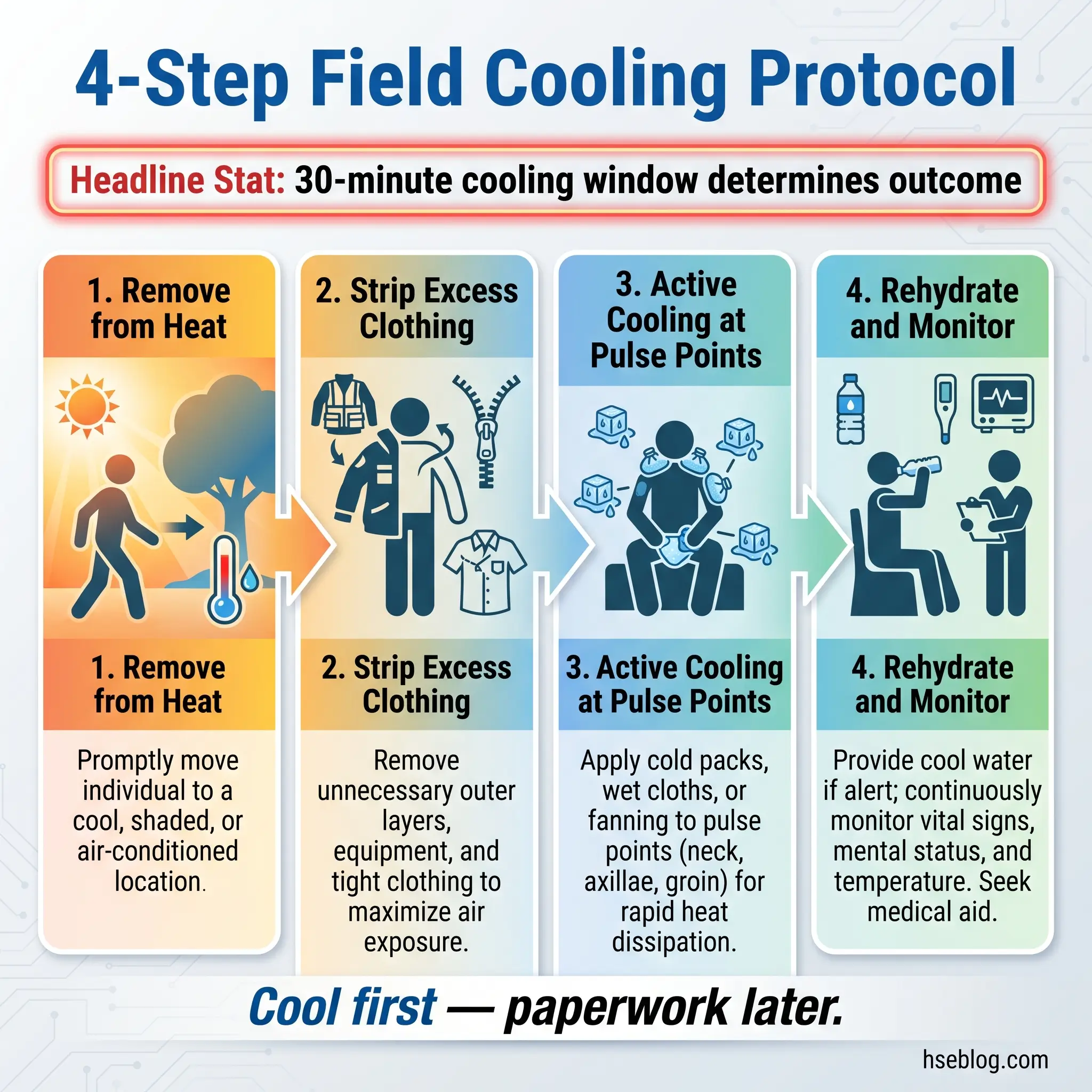 Infographic showing the four-step field cooling protocol for heat illness: remove from heat, strip excess clothing, apply active cooling to pulse points, and rehydrate while monitoring vital signs.