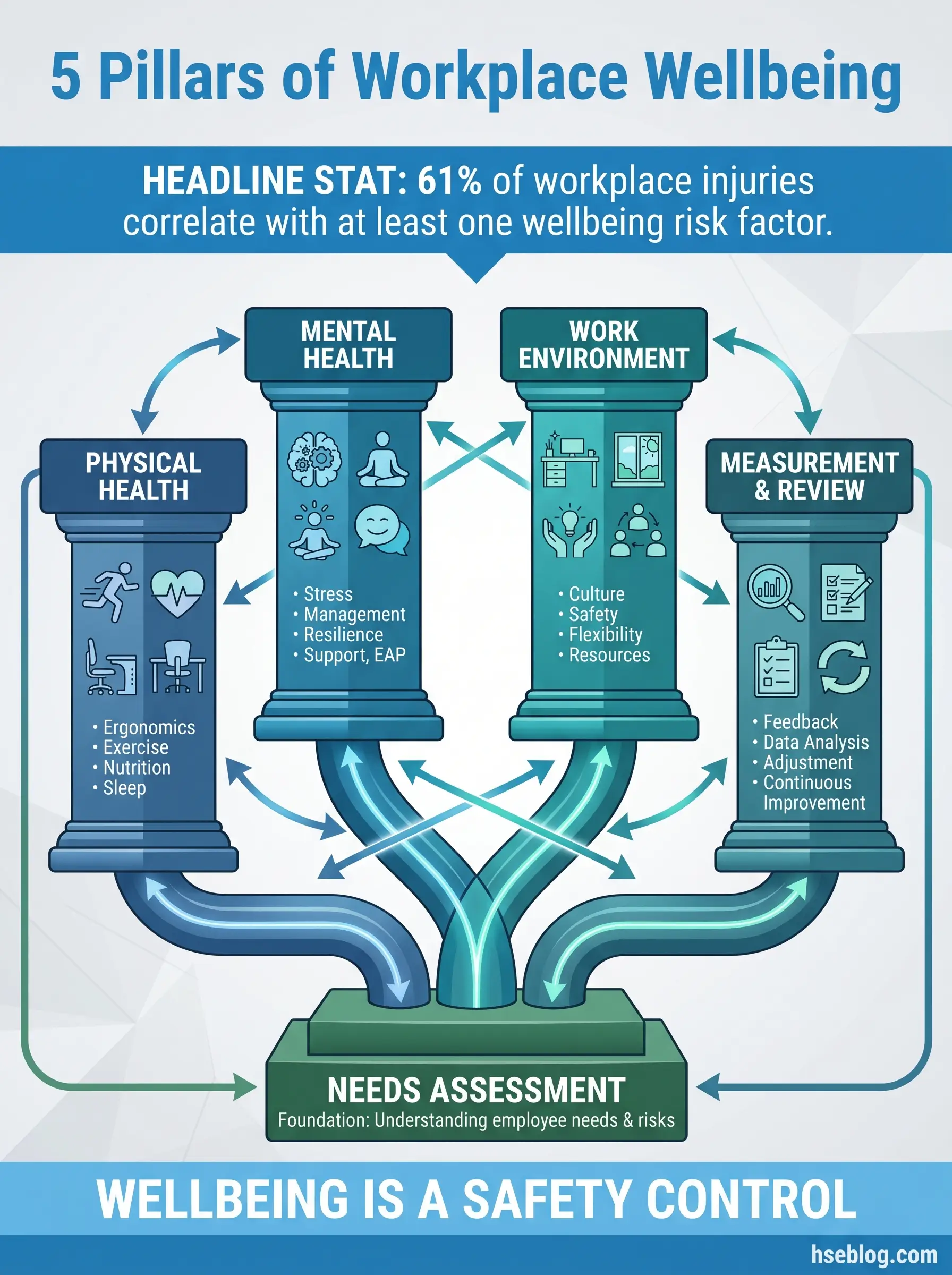 Infographic showing five interconnected pillars of workplace wellbeing—physical health, mental health, work environment, measurement and review, and needs assessment—with arrows demonstrating how each pillar supports and influences the others.
