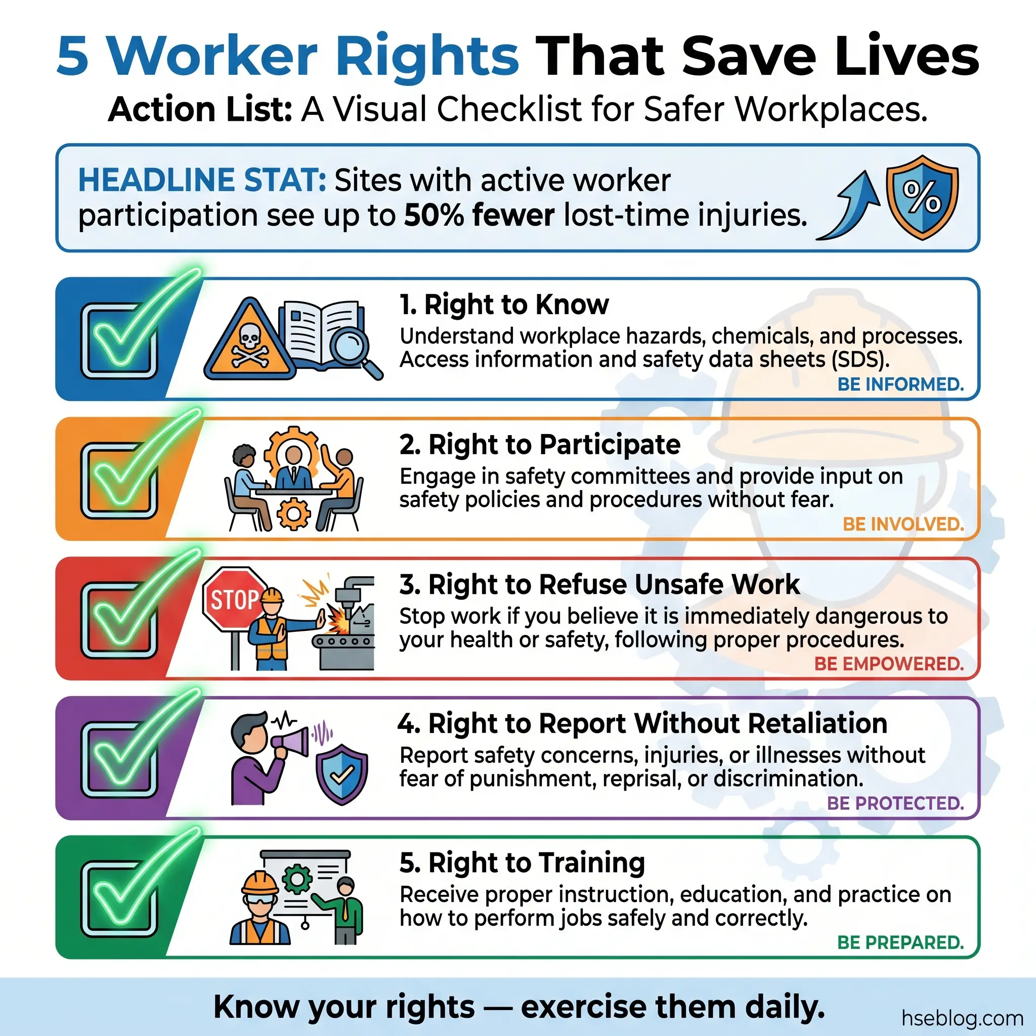 Infographic showing five worker rights that reduce workplace injuries: right to know hazards, right to participate in safety decisions, right to refuse unsafe work, right to report without retaliation, and right to safety training.