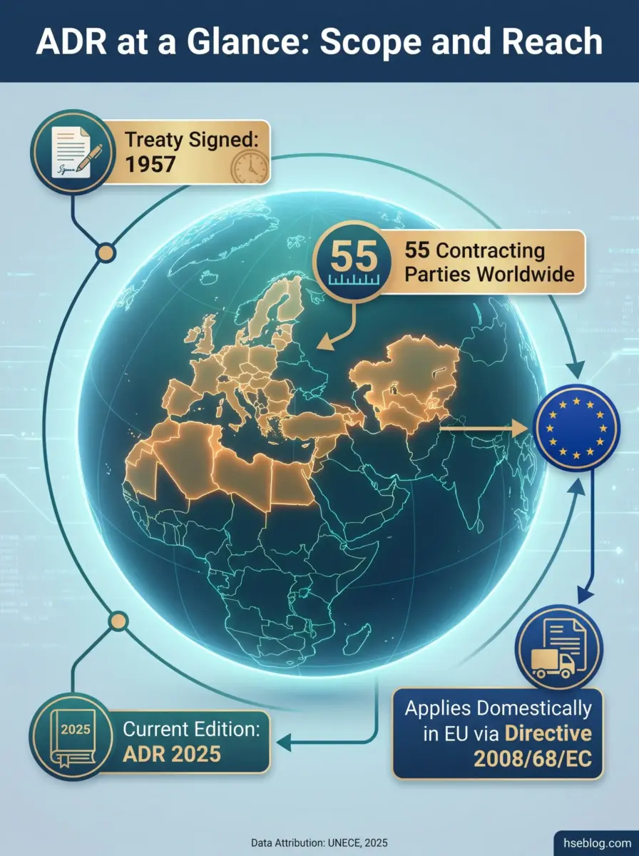 Infographic showing ADR scope and reach, displaying treaty signed in 1957, 55 contracting parties worldwide highlighted on globe map, current ADR 2025 edition, and EU Directive 2008/68/EC application.