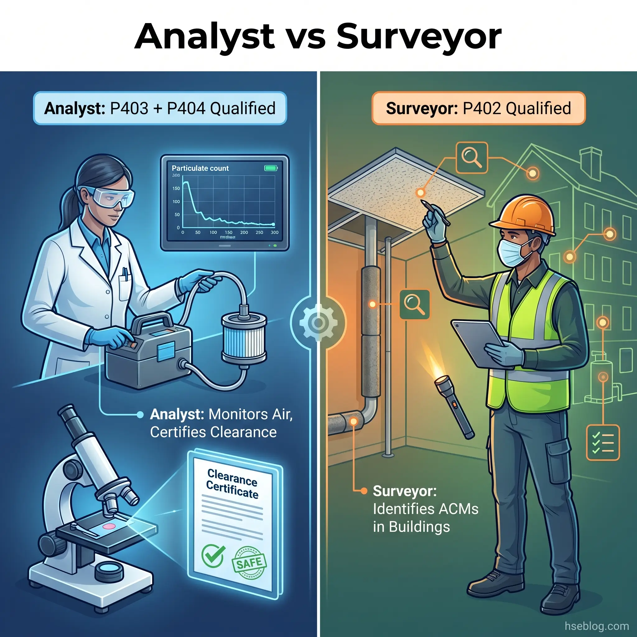 Side-by-side comparison showing an Analyst (P403 + P404 qualified) monitoring air quality with laboratory equipment on the left, and a Surveyor (P402 qualified) identifying asbestos in buildings on the right.