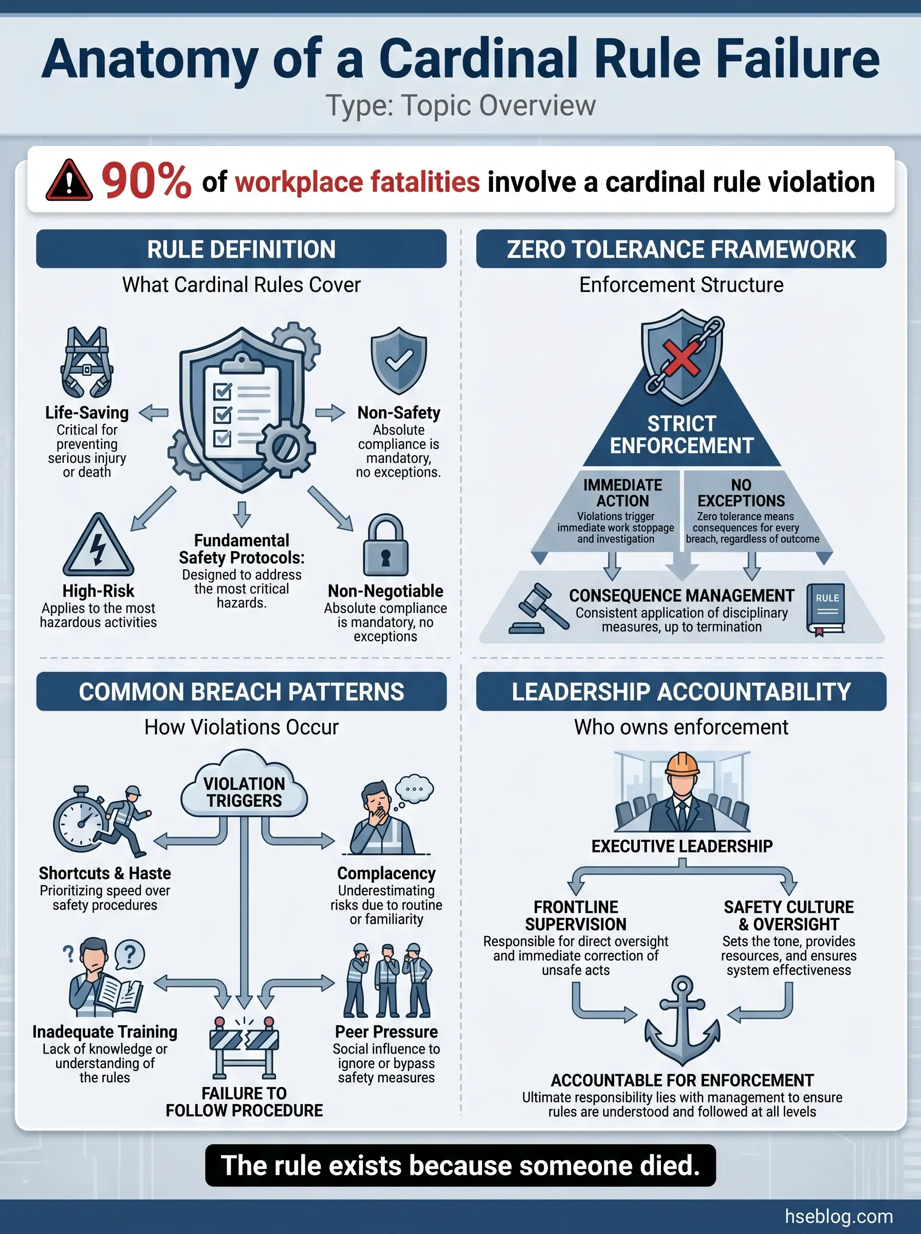 Infographic explaining cardinal rule failures in workplace safety, covering rule definitions, zero tolerance enforcement, common breach patterns, and leadership accountability structures.
