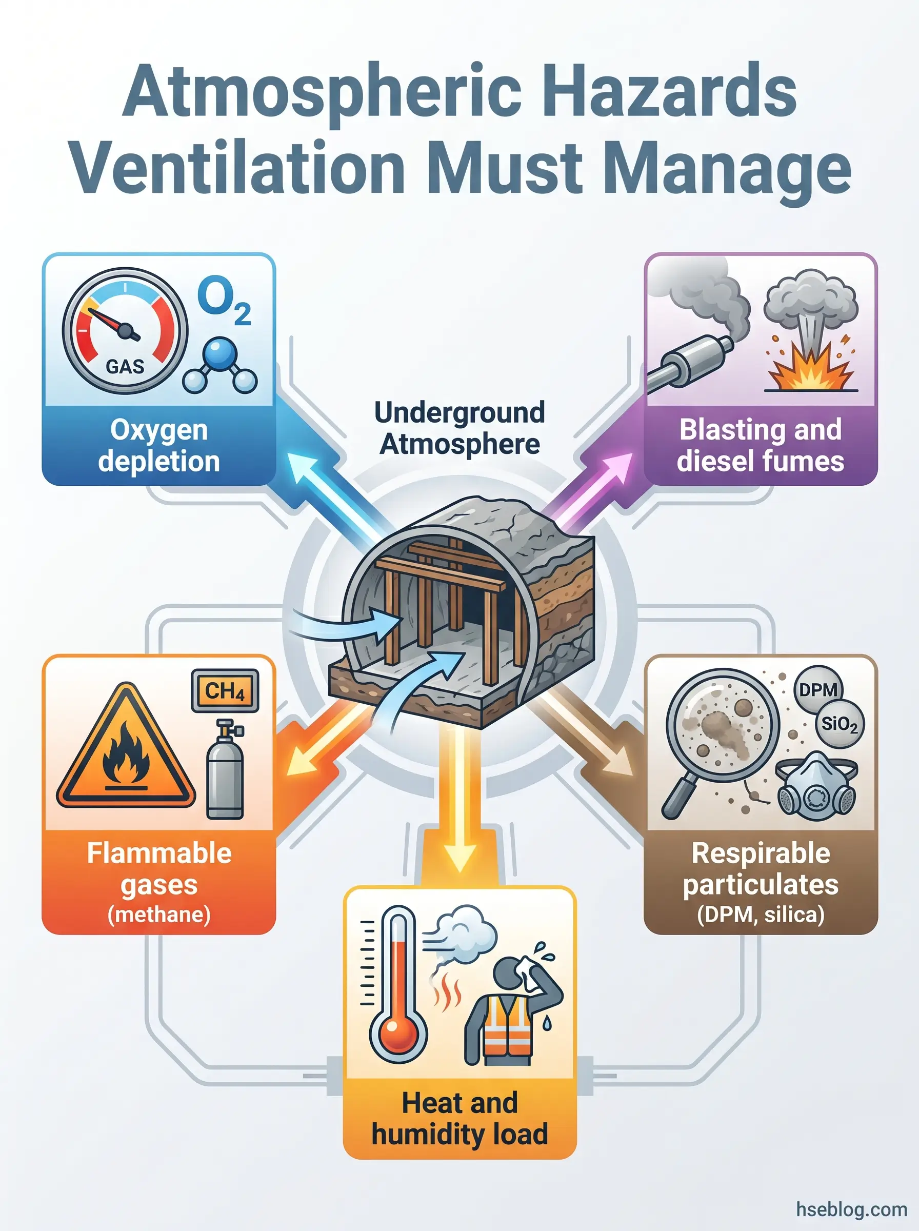 Infographic showing six atmospheric hazards in underground mining environments that require ventilation management: oxygen depletion, blasting and diesel fumes, flammable gases, respirable particulates, and heat and humidity load.