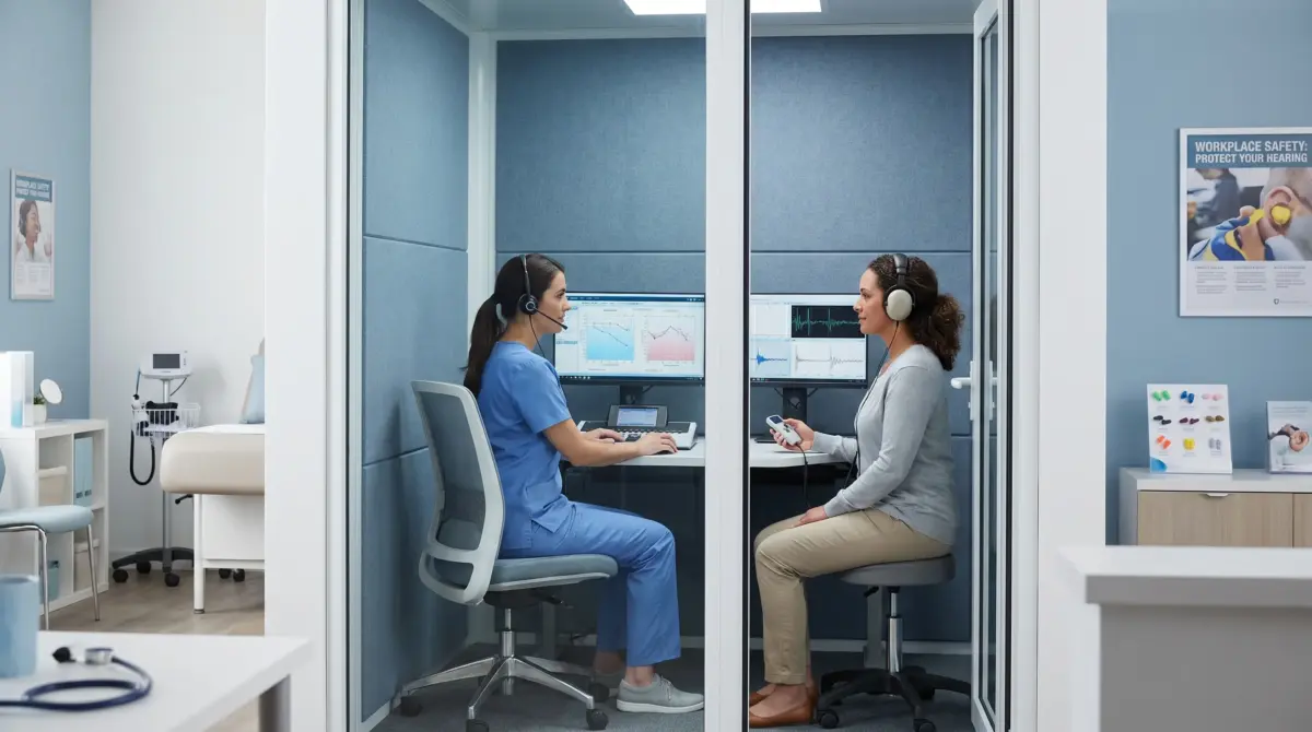 Healthcare professional in blue scrubs conducts a telemedicine consultation with a patient in a modern medical office, both wearing headsets while viewing computer monitors displaying health data.