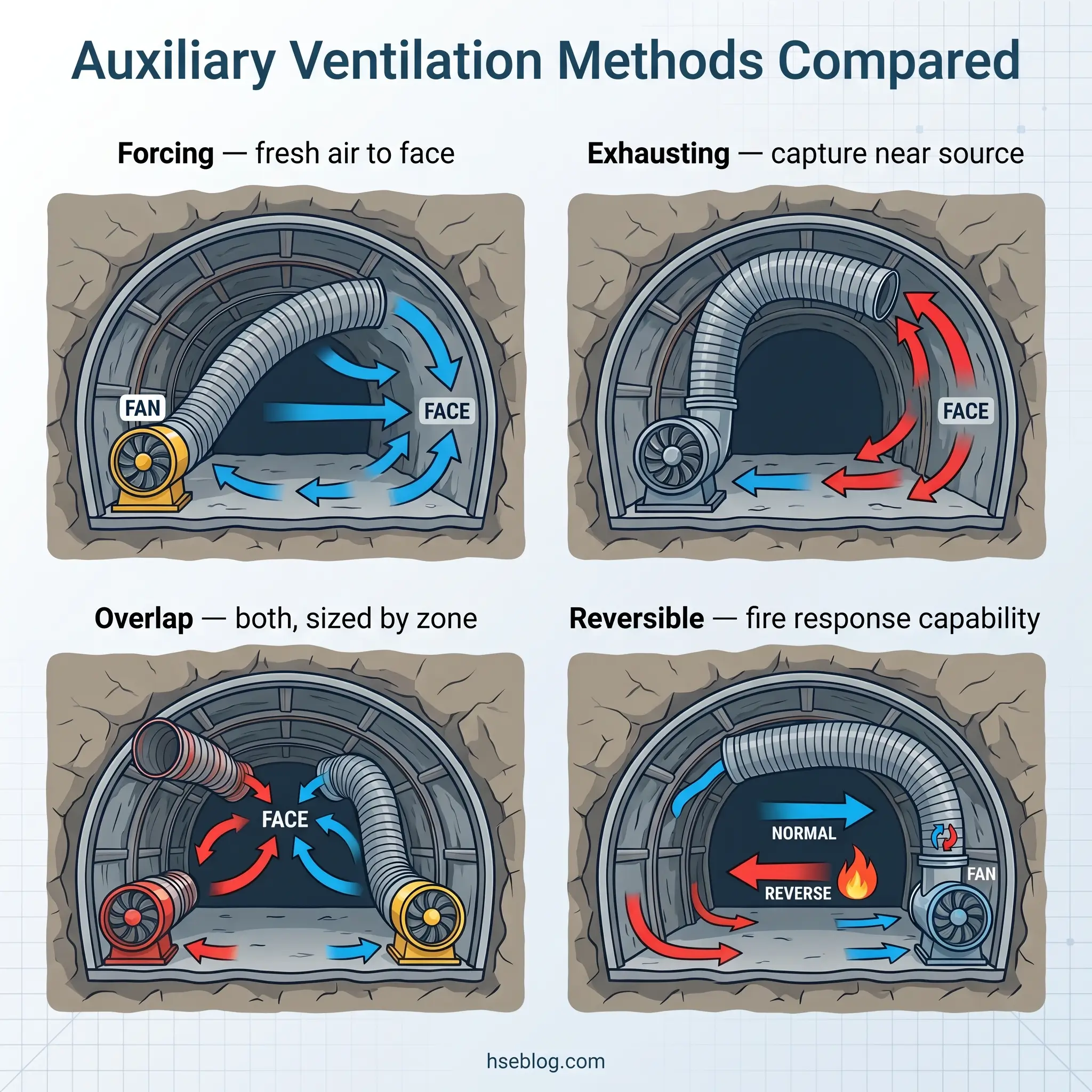 Diagram showing four auxiliary ventilation methods for mines: forcing fresh air to face, exhausting air near source, overlap using both fans sized by zone, and reversible systems with fire response capability.