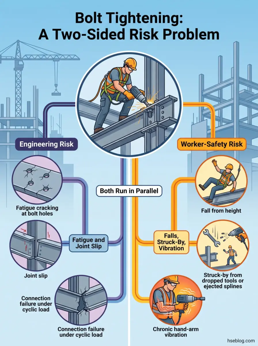 Infographic illustrating the dual risks of bolt tightening in construction, showing engineering hazards like fatigue cracking alongside worker safety risks including falls and struck-by incidents.