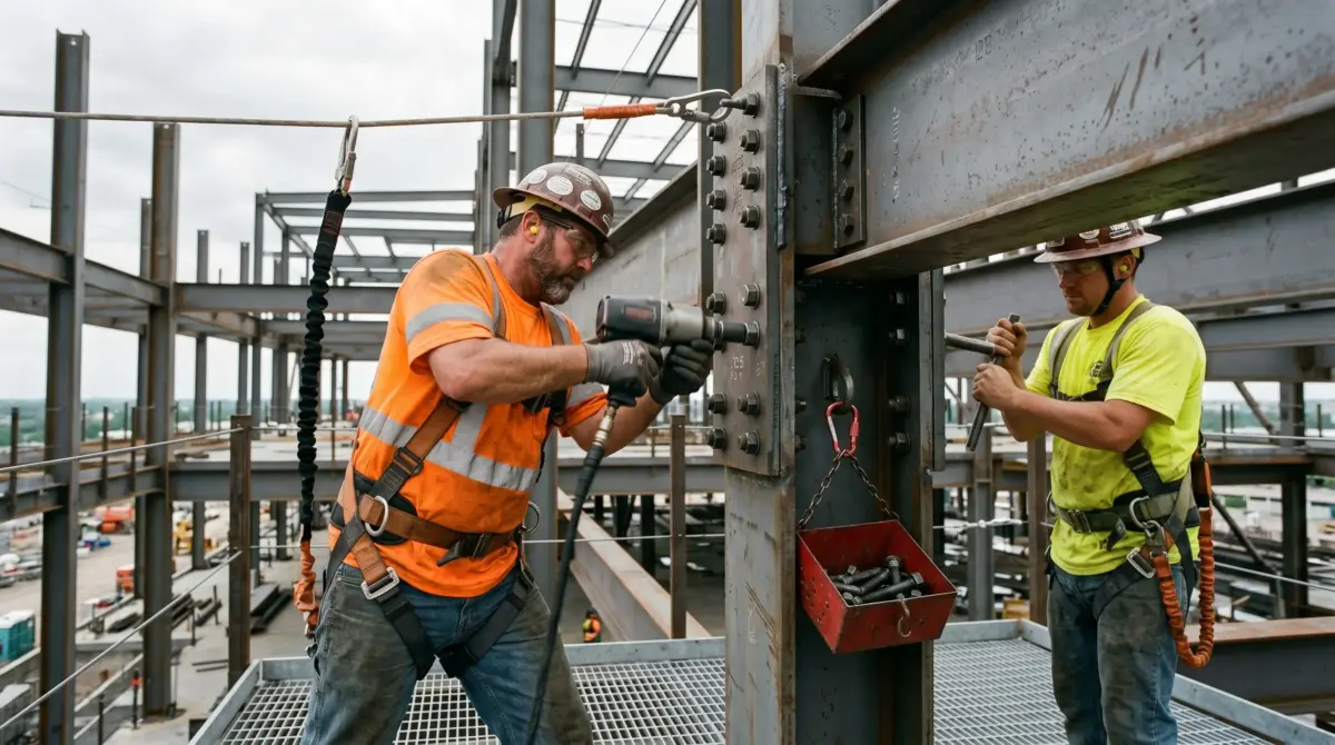 Two construction workers wearing safety gear and harnesses work on a steel structural beam at a high-rise building site, with one using a power tool while the other assists.