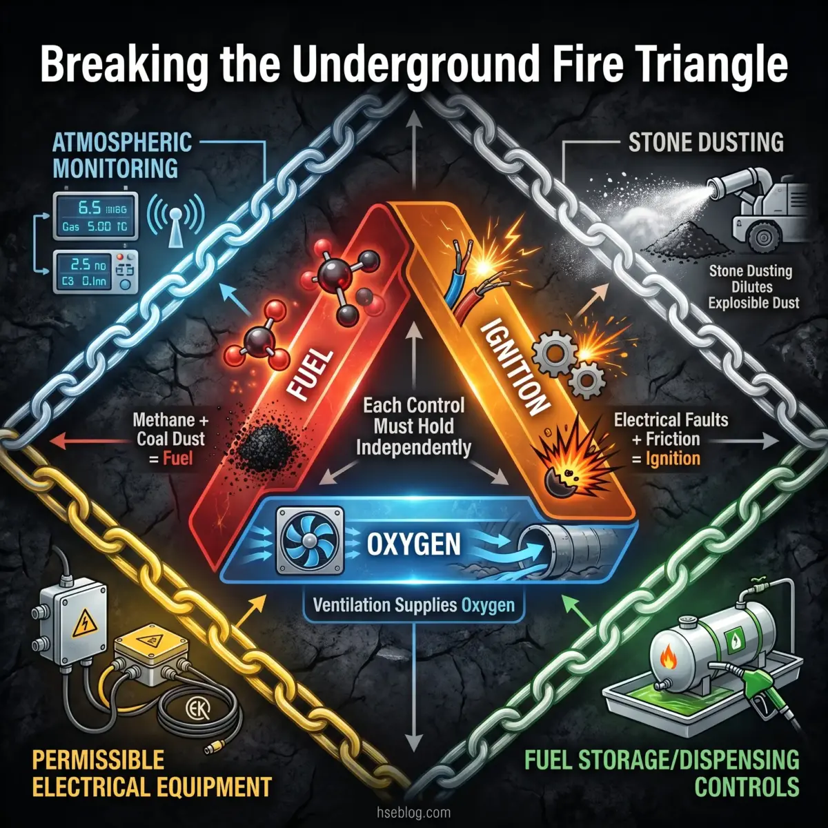 Infographic showing the fire triangle for underground mining hazards, illustrating how fuel, ignition, and oxygen sources combine with control measures including atmospheric monitoring, stone dusting, electrical safety, and fuel storage management.