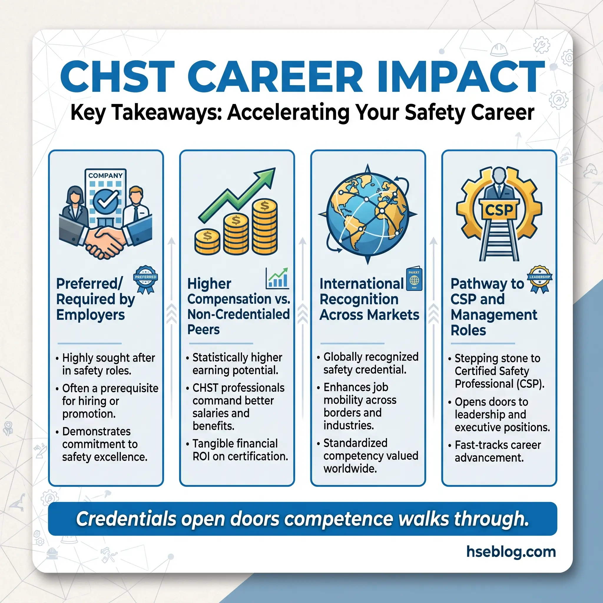 Infographic showing four key career benefits of CHST certification: employer preference, higher compensation, international recognition, and pathway to CSP management roles, with icons and detailed descriptions.