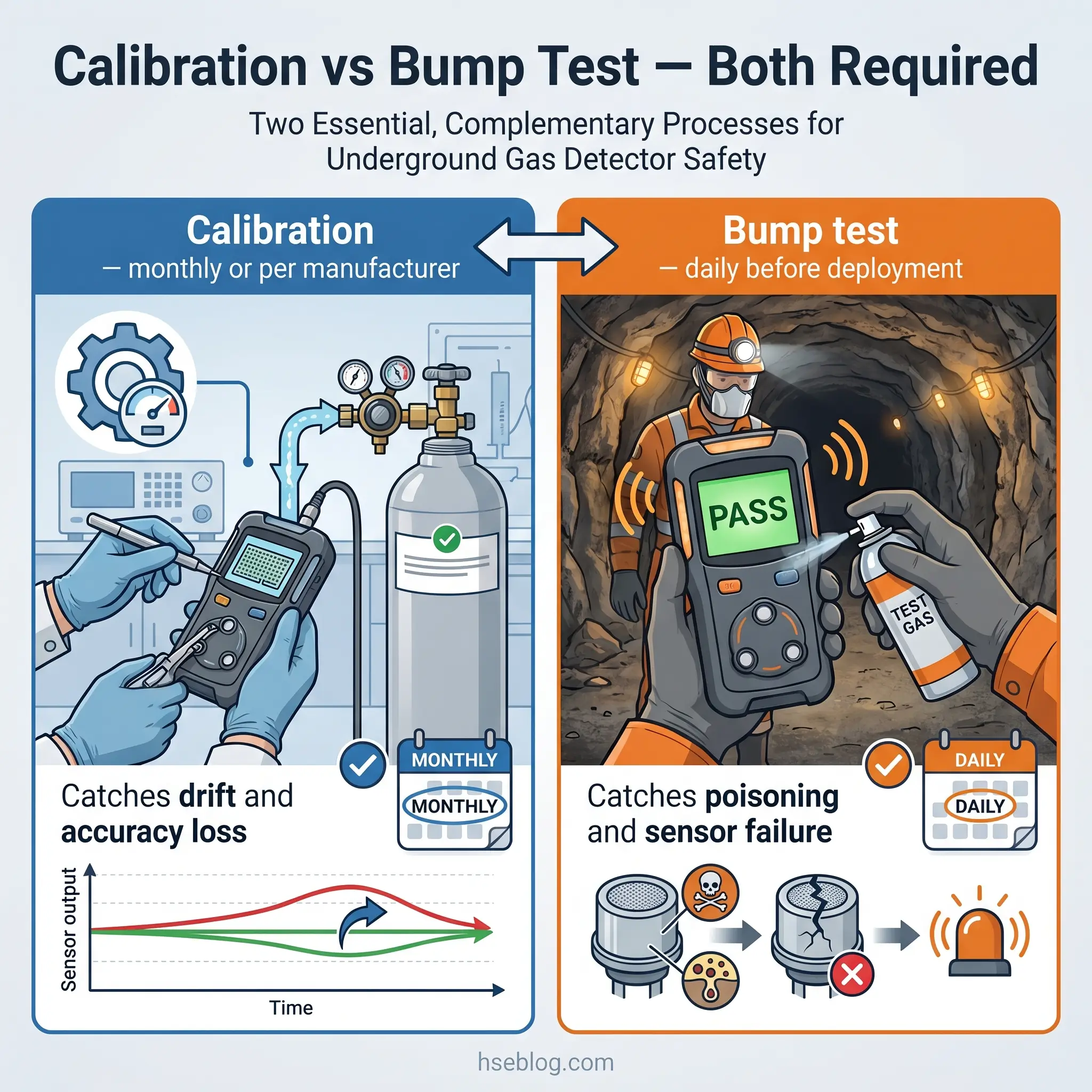 Infographic comparing calibration and bump testing for underground gas detectors, showing how calibration catches sensor drift monthly while bump testing detects poisoning and failures daily before deployment.