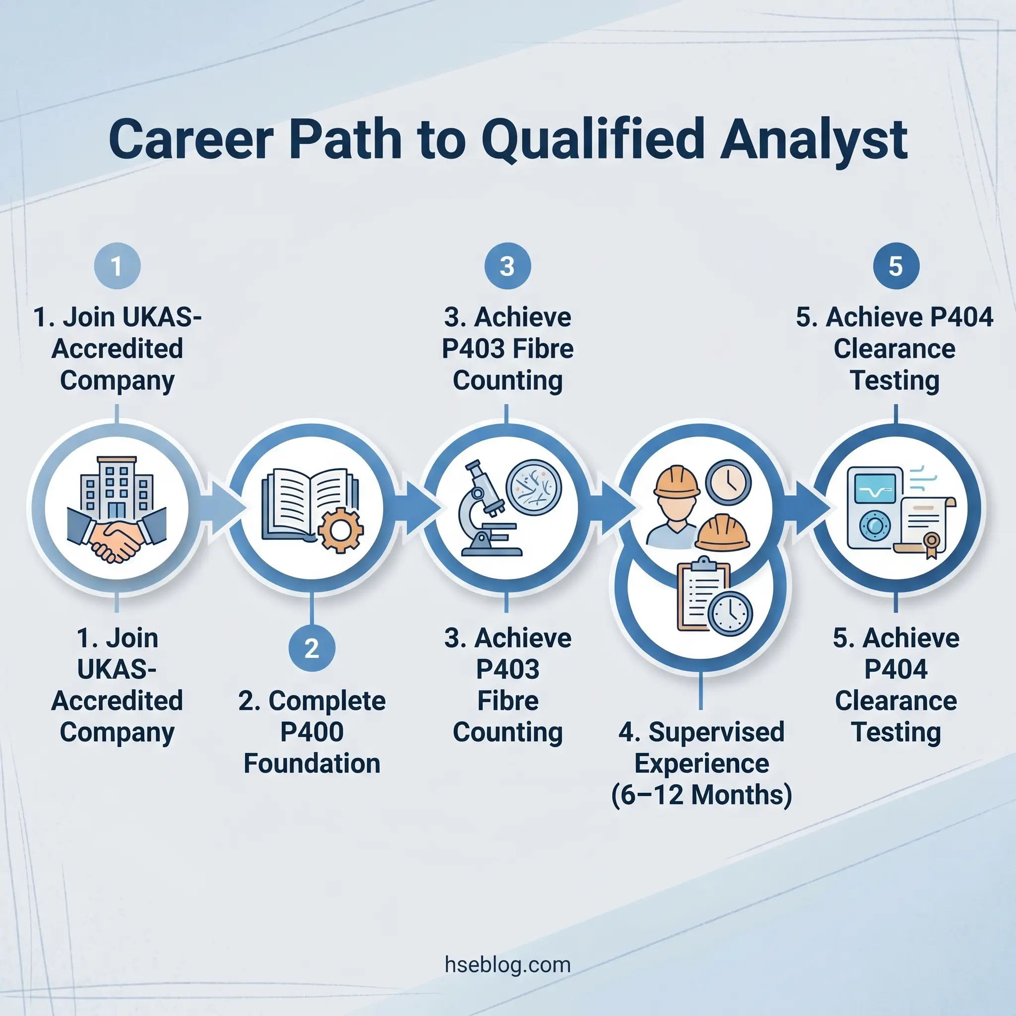 Five-step career progression flowchart showing the path to becoming a qualified analyst, including joining a UKAS-accredited company, completing P400 foundation training, achieving P403 fibre counting, gaining supervised experience, and obtaining P404 clearance testing certification.