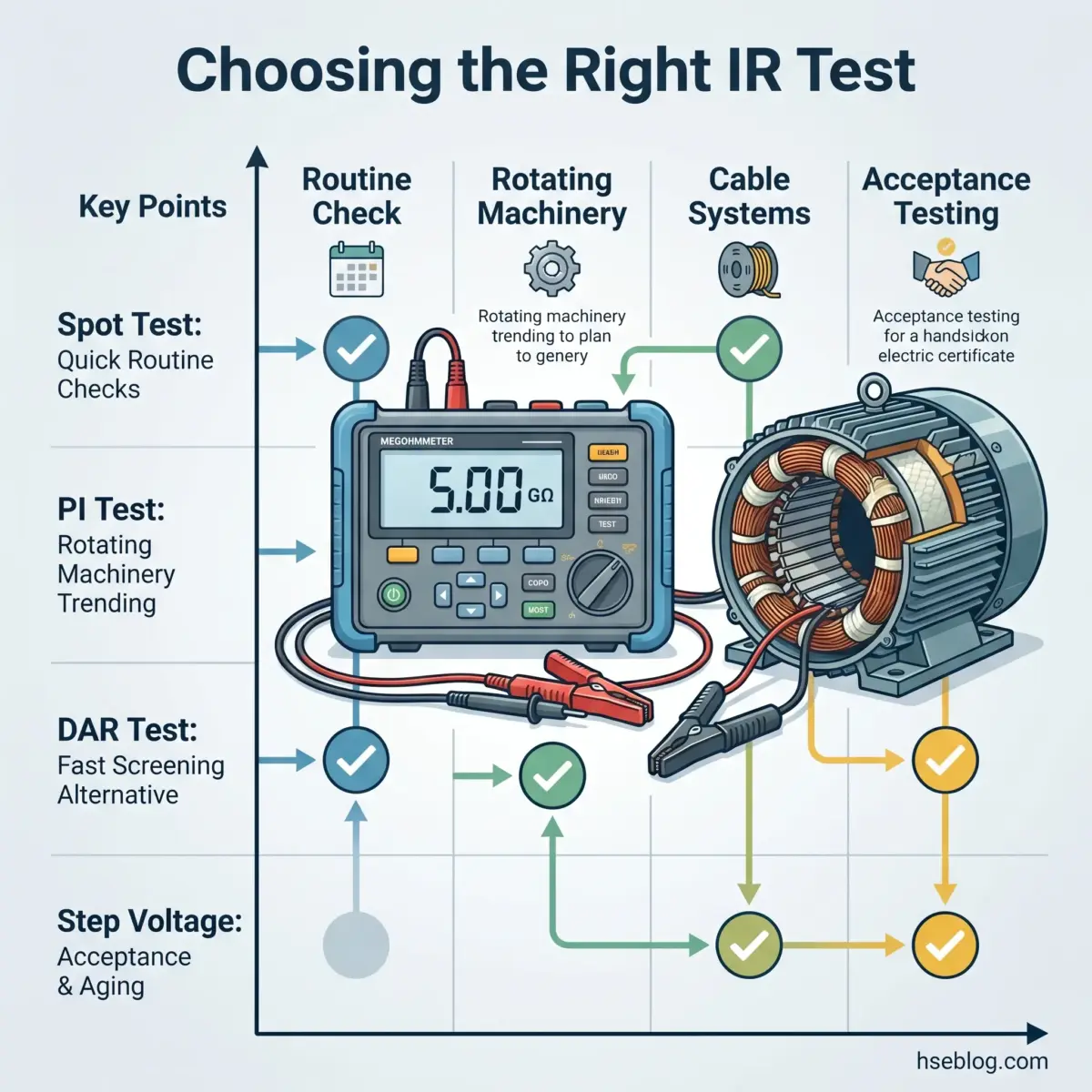 Flowchart showing IR testing methods for electrical equipment, featuring a megohmmeter and motor, with four test types (Routine Check, Rotating Machinery PI, Cable Systems, and Acceptance Testing) and their applications.