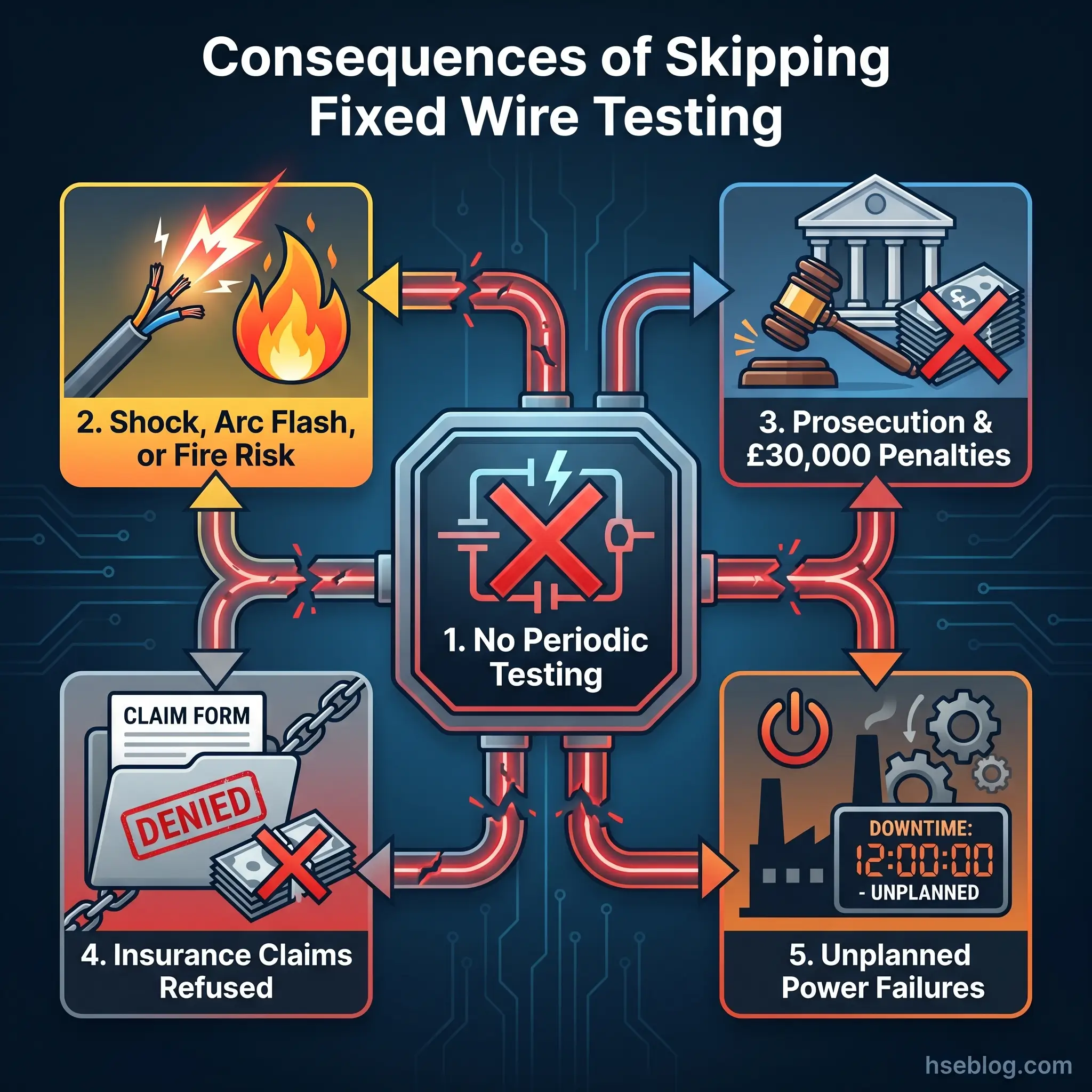 Infographic showing five interconnected consequences of skipping fixed wire testing: electrical hazards, prosecution and penalties, insurance claim denial, and unplanned power failures.