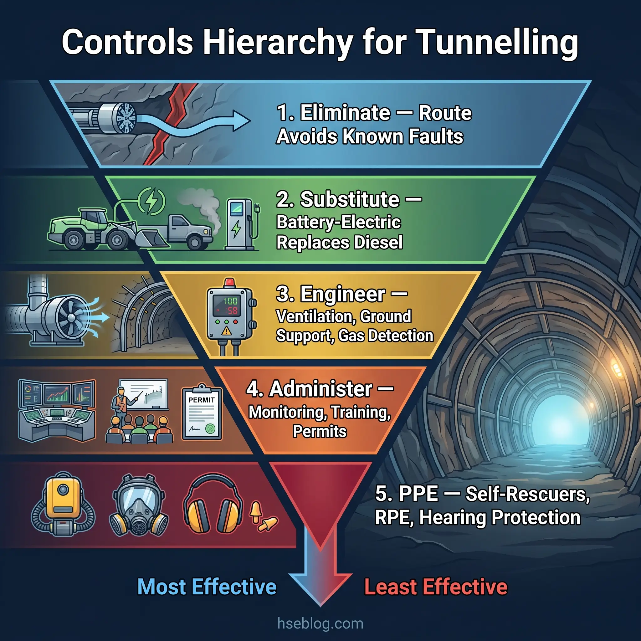 Hierarchical pyramid chart showing five-level controls for tunnelling safety, from most effective route elimination at top to least effective PPE at bottom, with icons and tunnel imagery.
