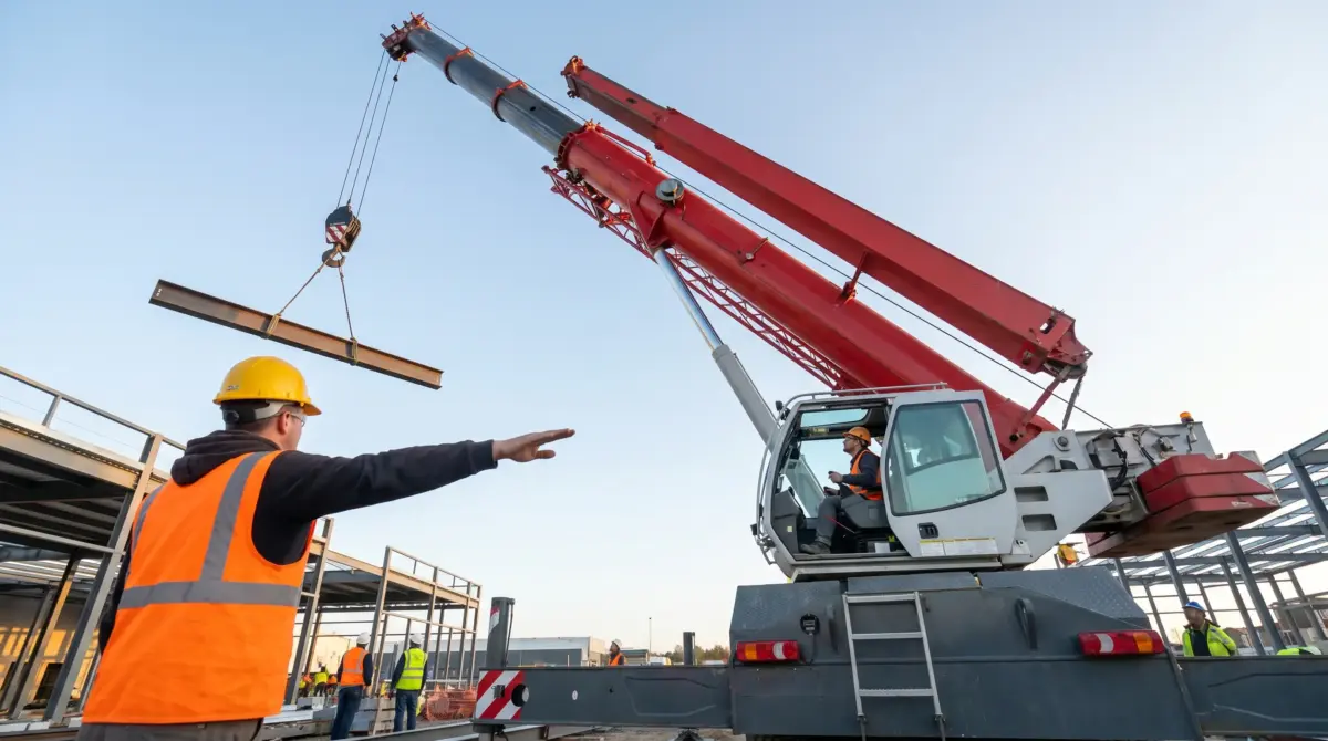 Construction worker in safety gear directing a concrete pump truck as it lifts a steel beam at an industrial building site under clear sky.