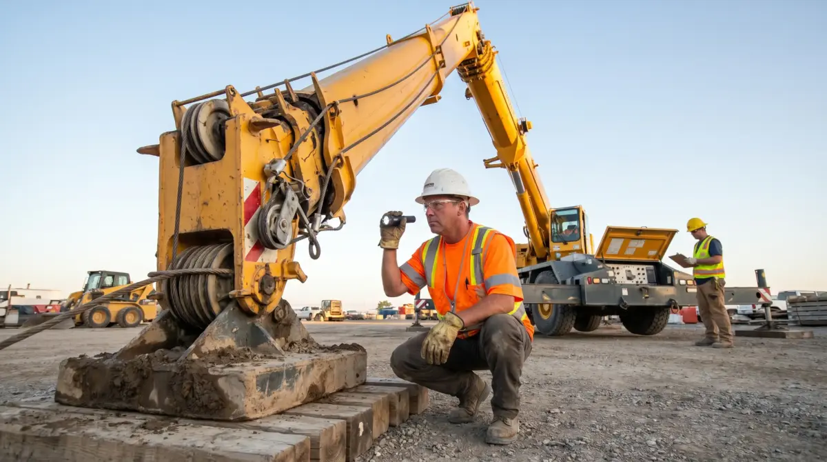 Construction worker in safety vest and hard hat inspects heavy equipment at an industrial job site with cranes and machinery in the background under clear sky.