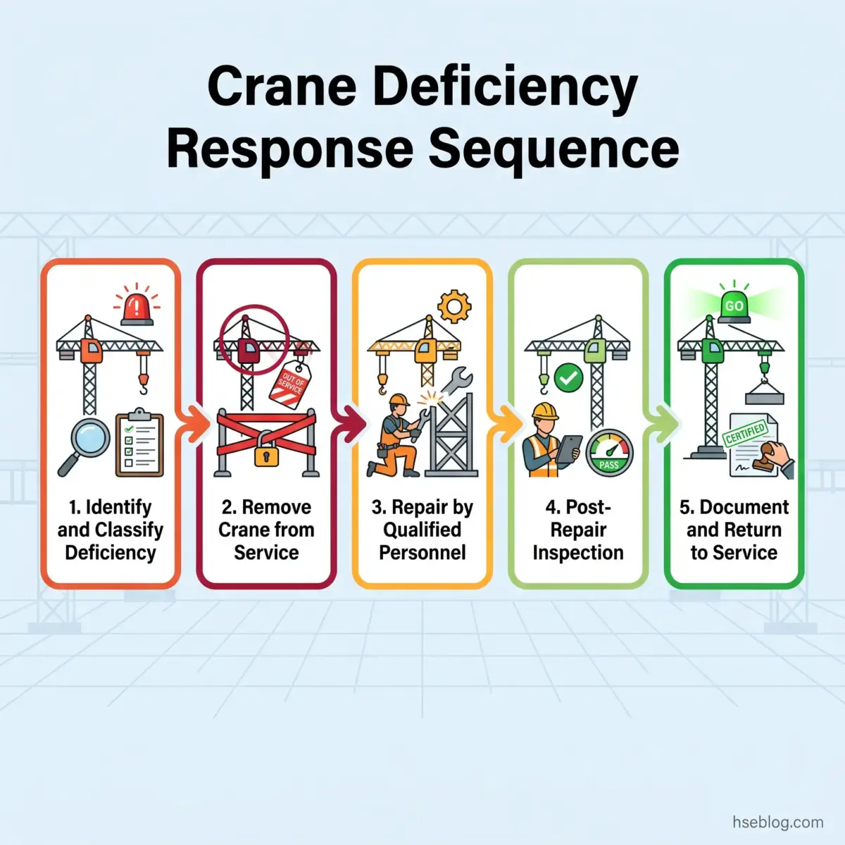Infographic showing five-step crane deficiency response sequence: identify and classify deficiency, remove crane from service, repair by qualified personnel, post-repair inspection, and document and return to service.