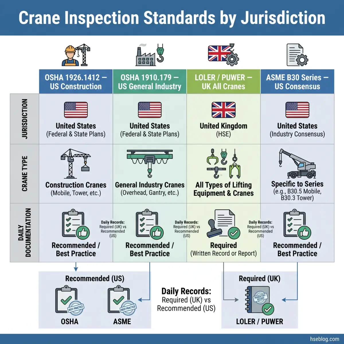 Comparison chart showing crane inspection standards across four jurisdictions: OSHA 1926.1412 for US construction, OSHA 1910.179 for US general industry, LOLER/POWER for UK cranes, and ASME B30 series for US consensus standards, detailing crane types and documentation requirements.