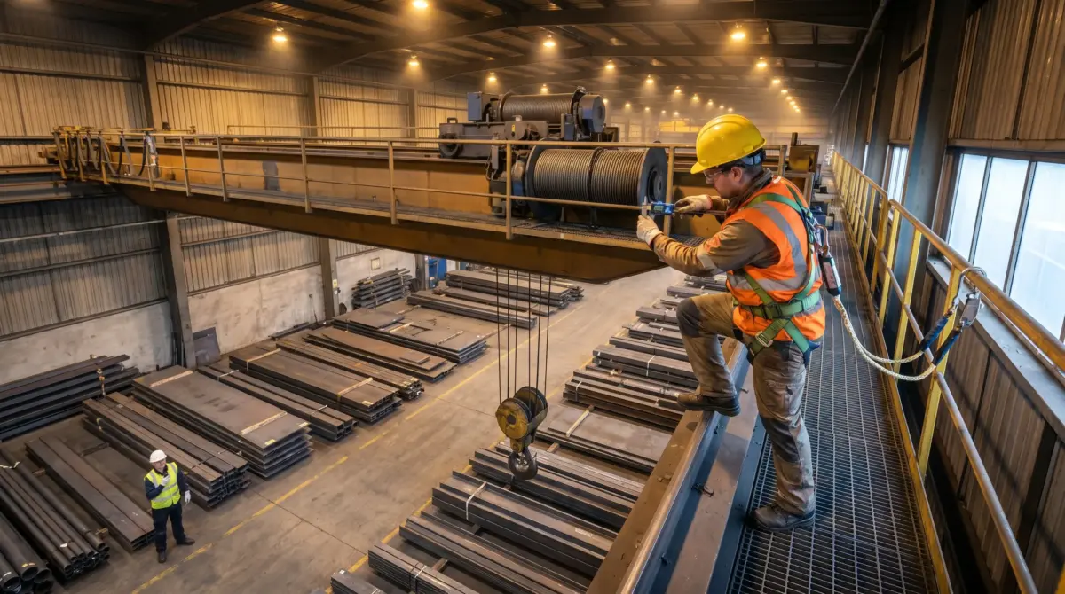 Industrial warehouse worker in safety gear operates overhead crane machinery to lift steel plates stacked on warehouse floor with overhead lighting and metal railings visible.