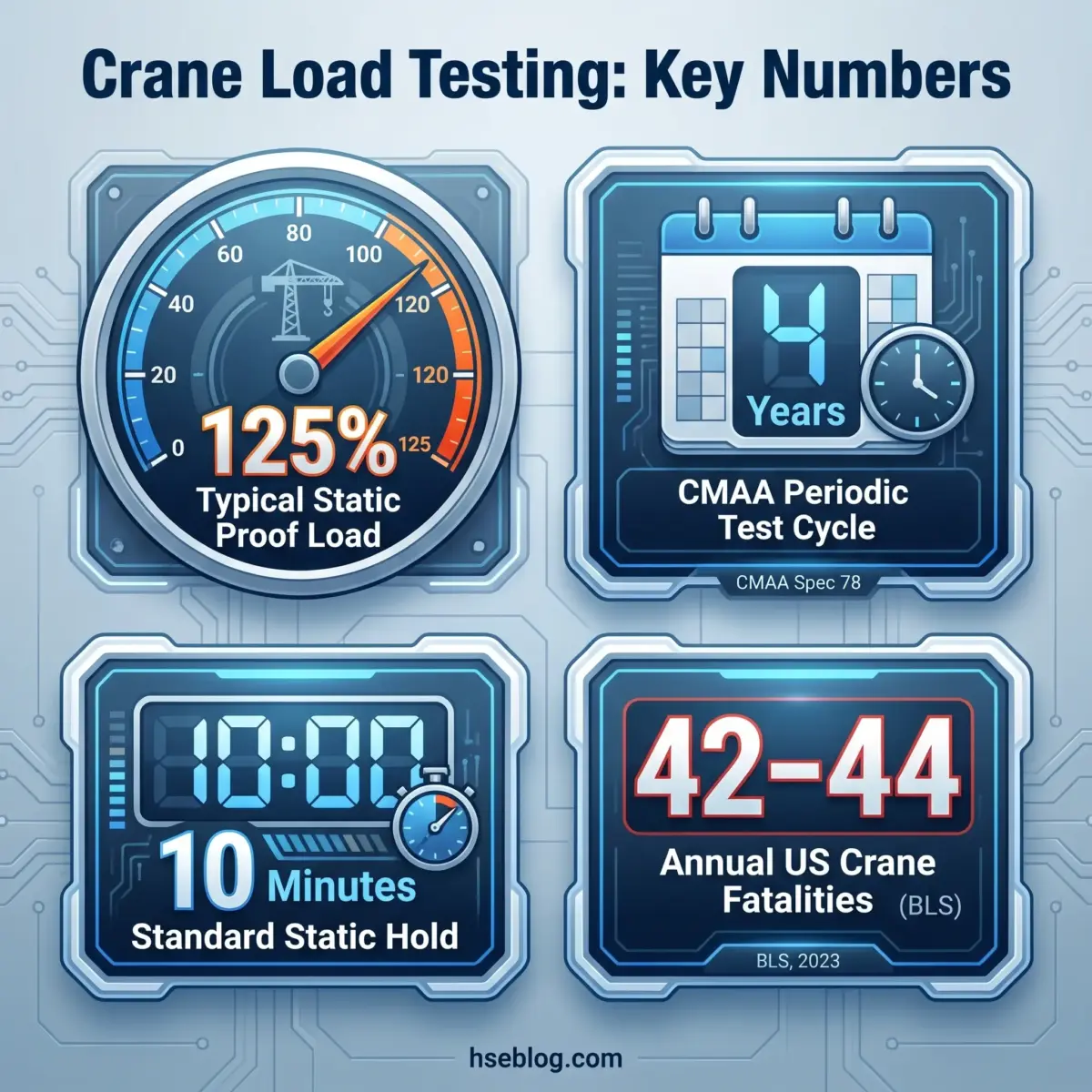 Four digital display panels showing crane load testing standards: 125% typical static proof load gauge, 4-year CMAA periodic test cycle, 10-minute standard static hold timer, and 42-44 annual US crane fatalities statistic.