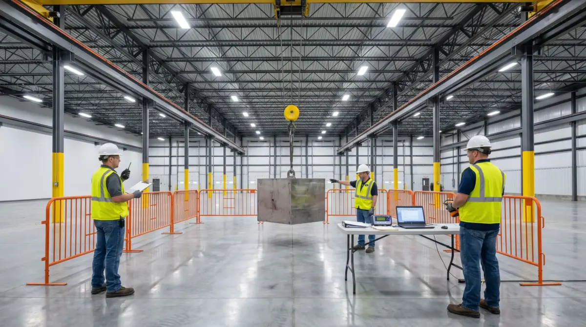 Workers in safety vests and hard hats conduct a load test with a suspended metal plate in a spacious industrial warehouse under bright LED lighting, monitored at a control station.